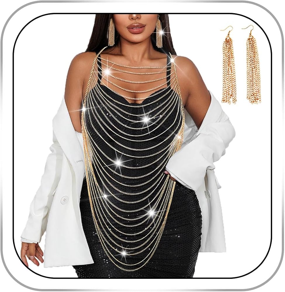 Amazon.com: Aiosy Gold Body Chain Tassel Chain Bra Body Harness Jewelry for  Women Shoulder Chains Chest Bikini Rave Accessories (with Gold Earrings) :  Clothing, Shoes & Jewelry