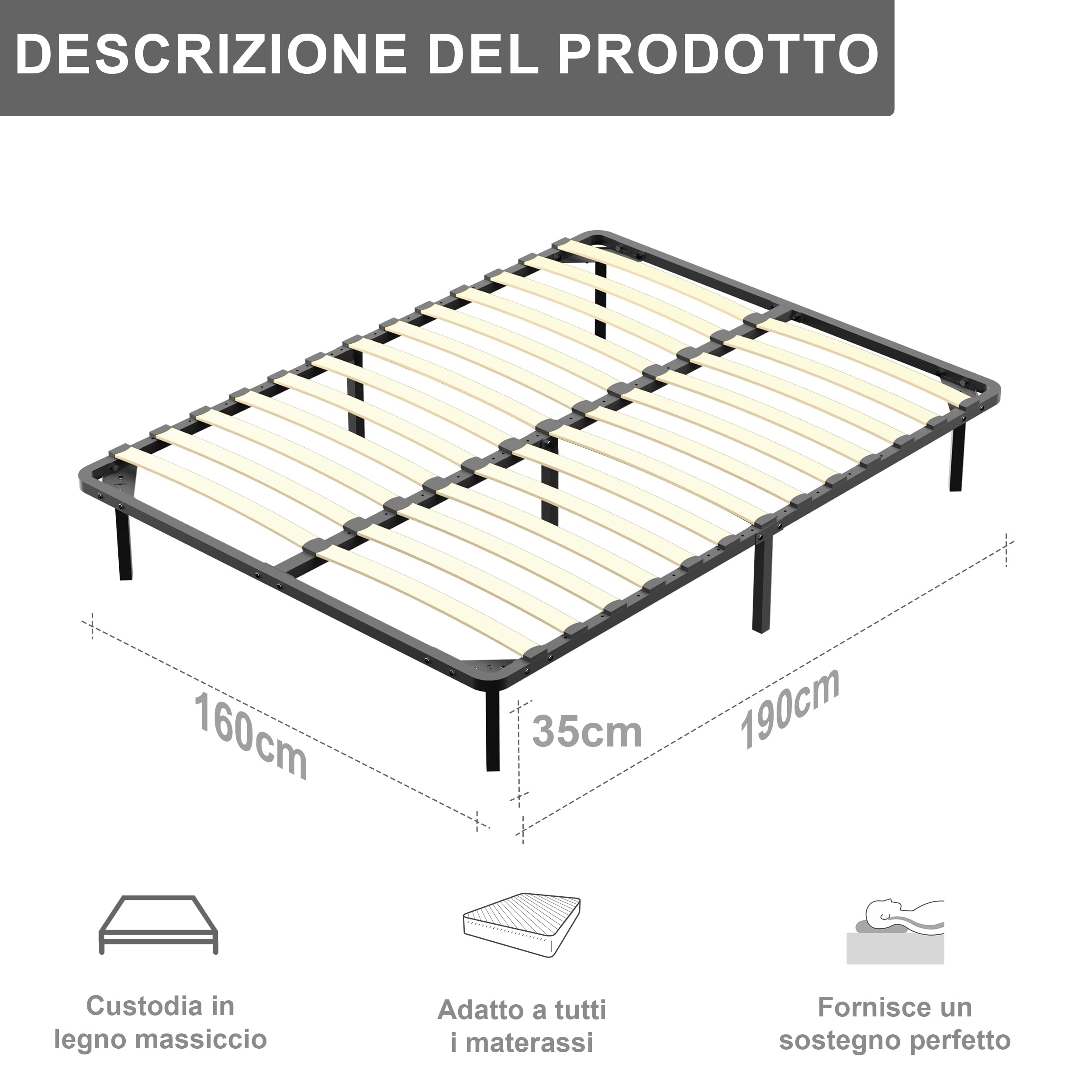 DEWINNER Rete matrimonio 160x190cm, Alto 35cm con 7 piedi，Ortopedica, Struttura portante in Ferro Rinforzata, Base da Incasso per Tutti i Letti e Materassi