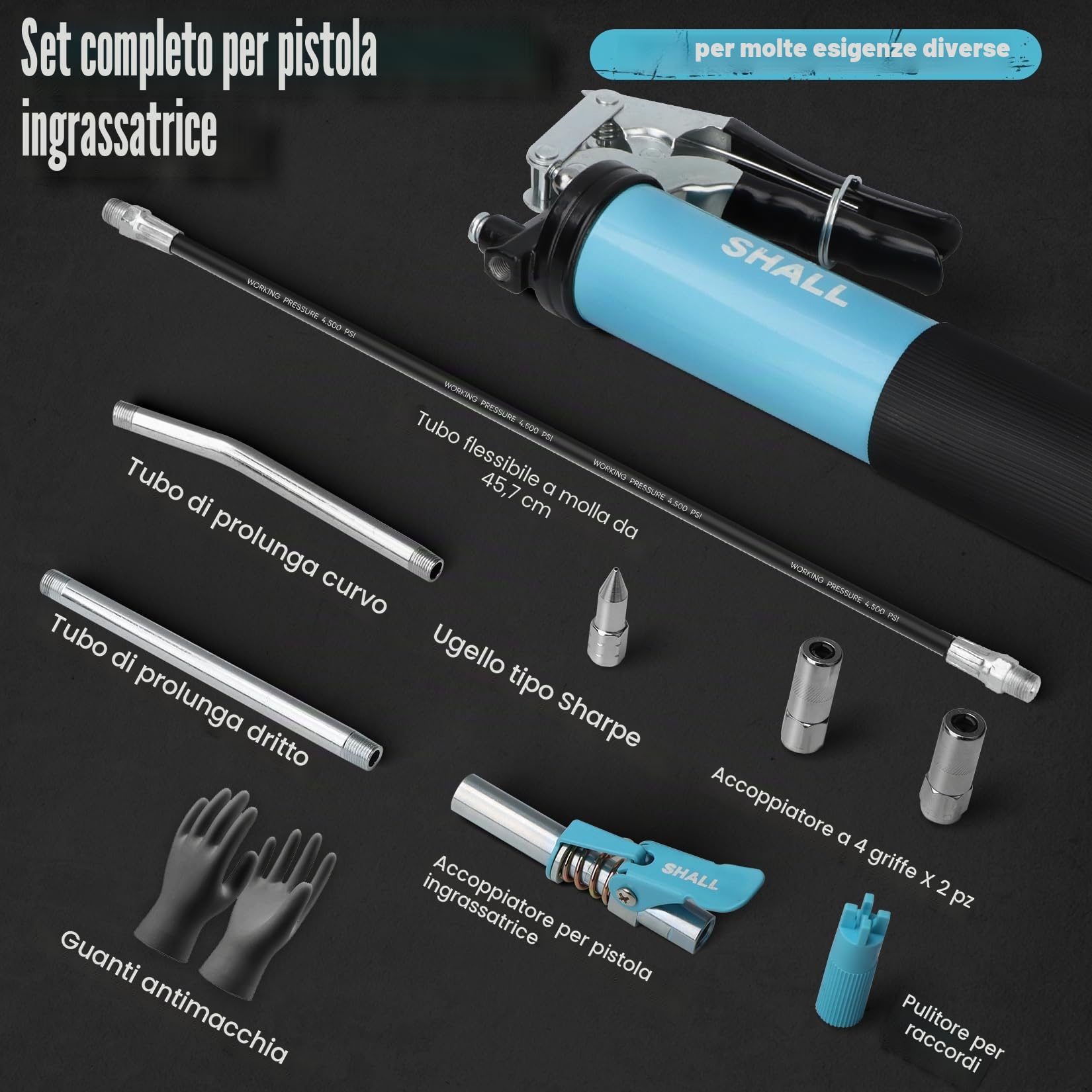 SHALL Pistola per grasso, kit pistola per grasso con impugnatura a pistola per carichi pesanti da 7000 PSI, tubo flessibile a molla da 18", ugello affilato, | Carico di 14 once