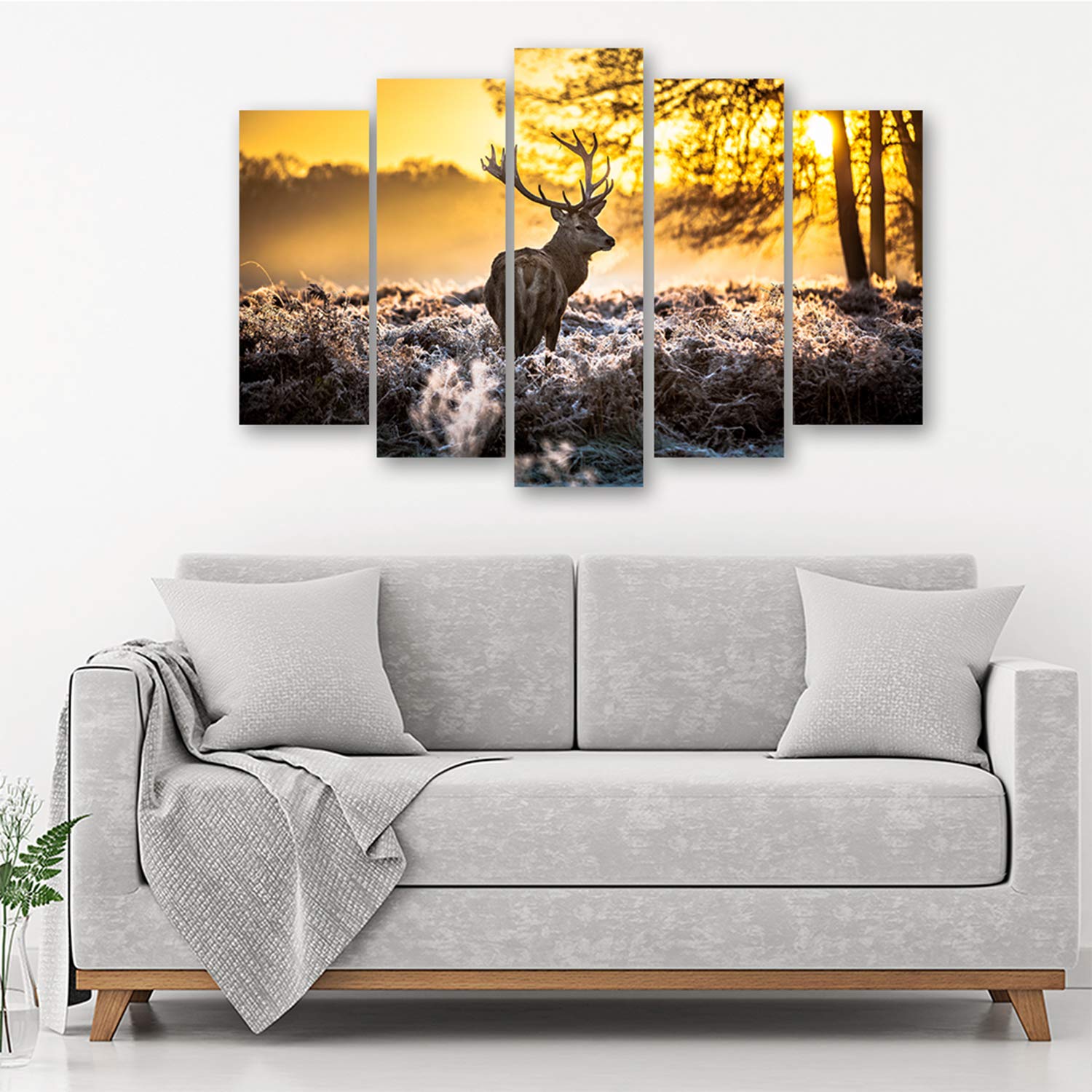 Feeby Bilder Hirsch Wald Nebel XXL 200x100 cm 5 Teilig Wohnzimmer Schlafzimmer Modern Wandbilder Leinwandbilder Bild auf Leinwand Kunstdruck Wanddeko Design Sonnenuntergang Landschaft Natur Orange