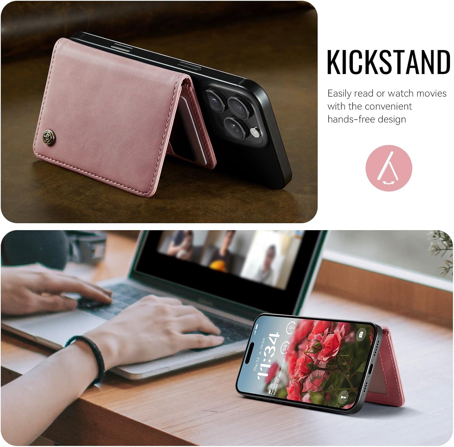 for Magsafe Wallet, Magnetic Phone Wallet with RFID Blocking 6-Card Holder for Men Women Minimalist Slim PU Leather Kickstand for iPhone 17 Air 16 15 14 13 12 Pro Max Plus, Vintage Pink - Image 4