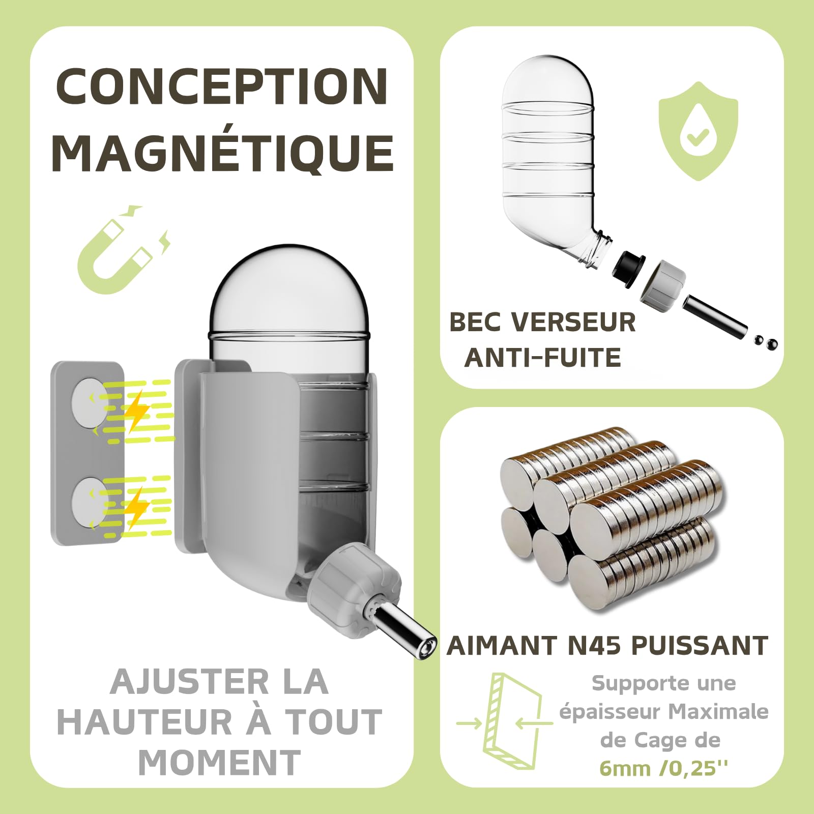 Bouteille d'eau pour Hamster avec stents magnétiques, Porte-Bouteille pour Aquariums en Verre, adaptée aux Hamsters syriens Nains, gerbilles, Souris, Rats, Degus