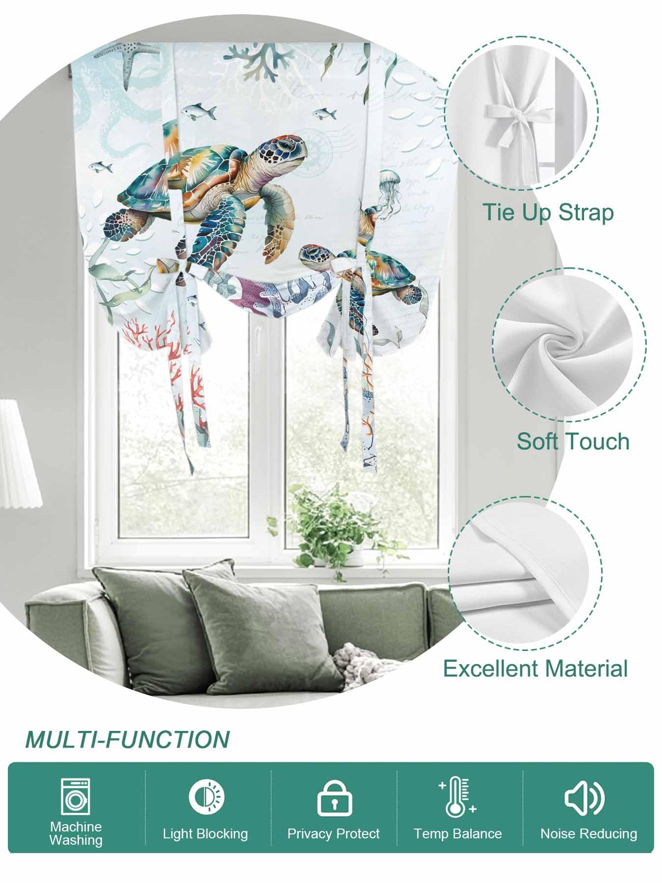 Tie Up Curtains for Windows Sea Turtle Ocean Roman Shade 52 x 63 Inch Bathroom Curtain Window Summer Beach Coastal Coral Seagrass Rod Pocket Short Balloon Curtains for Living Room Kitchen Blinds