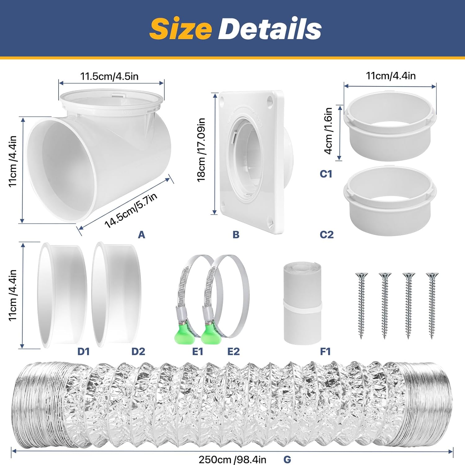 LOVIGA 90 Degree Dryer Vent Elbow with Dryer Vent Wall Plate & Hose, Space Saving 4 Inch Dryer Vent Connector Kit, Easy Install Snap-on Dryer Vent Kit for Tight Space