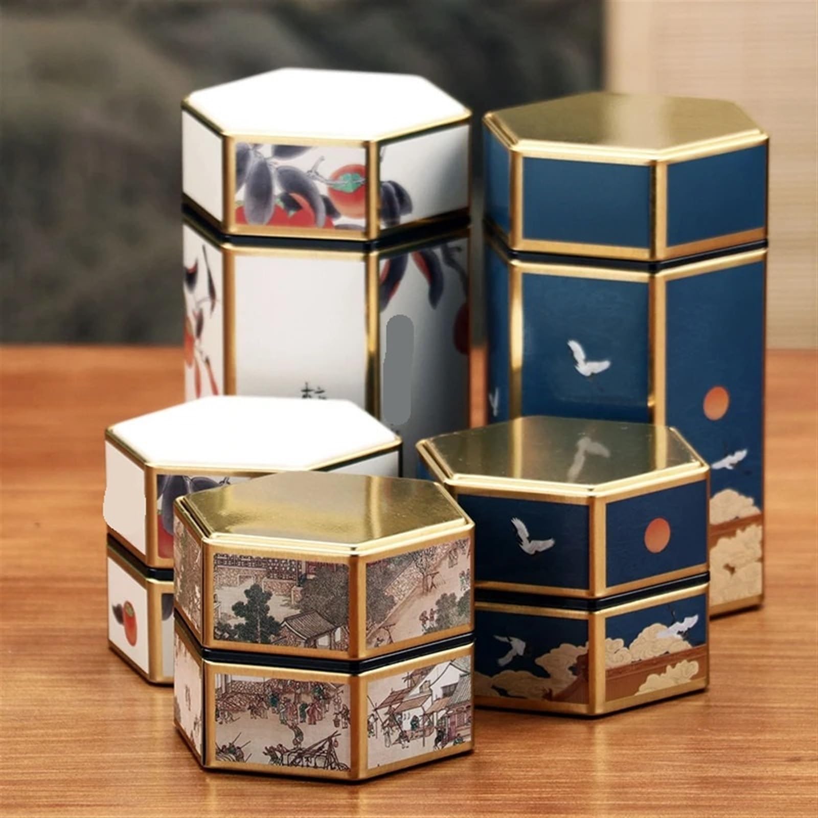 Caja de Te Tetera Hexagonal creativa, lata de, tanque almacenamiento té hojalata, caja portátil sellada, vacía, accesorios juego(StyleF L)