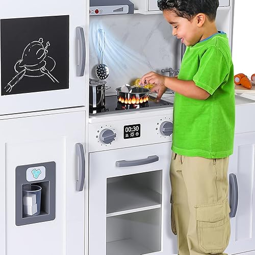 Miniatura 3 de Juego de cocina para niños, juego de cocina de madera con máquina de hielo, microondas, horno y otros accesorios, juego de chef para niños pequeños