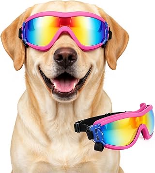Dog Goggles for Large Breed, Anti-UV Large Dog Sunglasses, Windproof Dustproof Pet Goggles with Adjustable Straps, Pet Glasses for Medium to Large Breed, Pink L