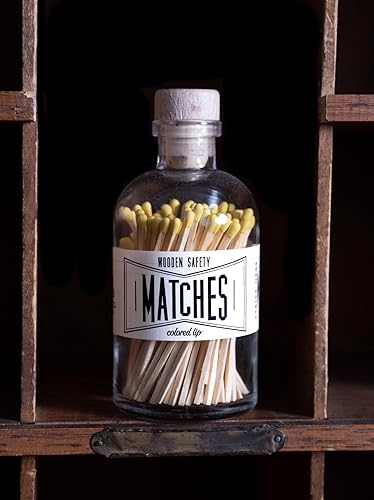Vintage Apothecary Matches Yellow, decorative glass jar with striker, wooden cork top, candle matches, matchsticks, home decor gift