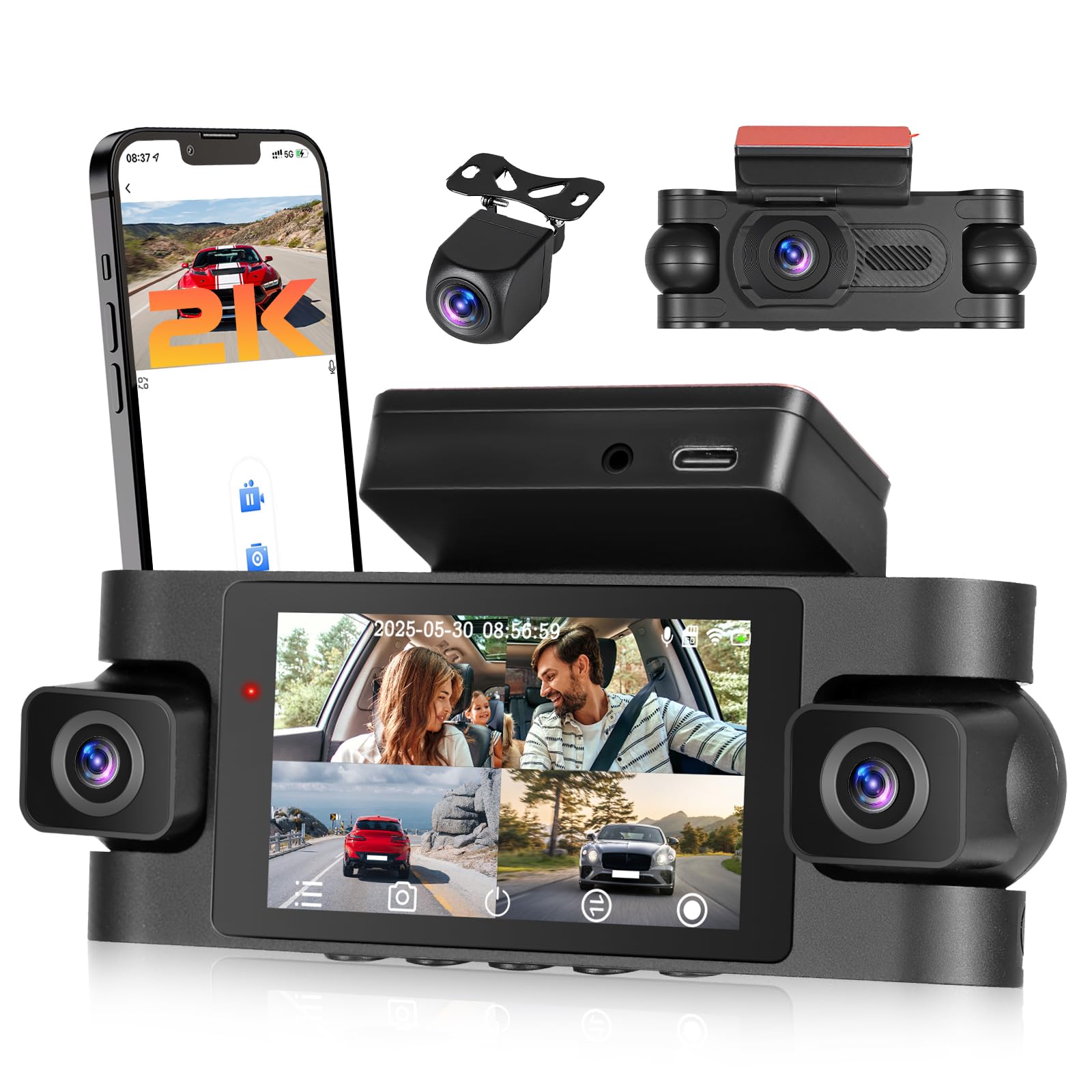 Hikity 2K WiFi Dashcam 4 Dashcam con Pantalla IPS G-Sensor Tarjeta TF 64G | IPS Dashcam con Coche Control APP Ángulo 360° Modo Aparcamiento 24H Grabación Continua Cámara de Coche Visión Nocturna