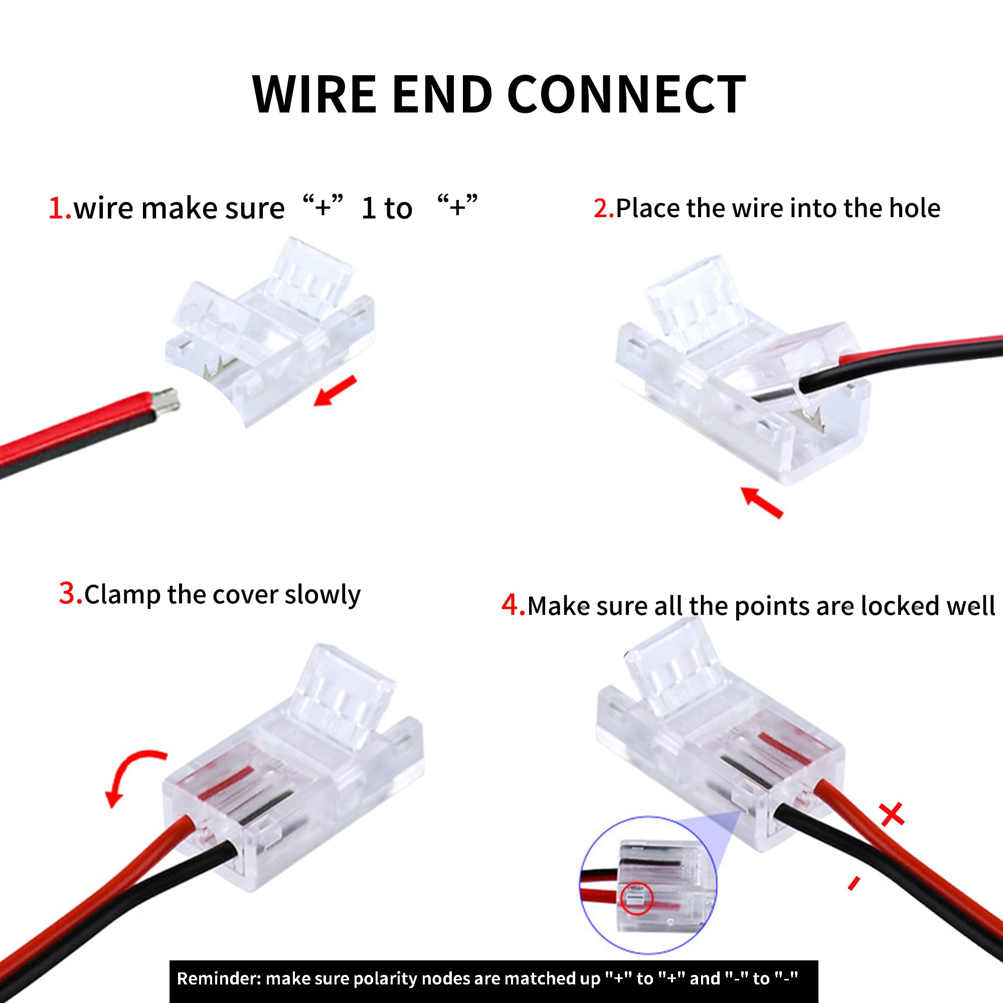 Clearhill 2Pin Transparent Solderless LED Light Strip Connectors,20Packs-8mm Wide Gapless Quick Adapter for Waterproof/Non-Waterproof Single Color LED Strips,No Soldering Required - Image 4