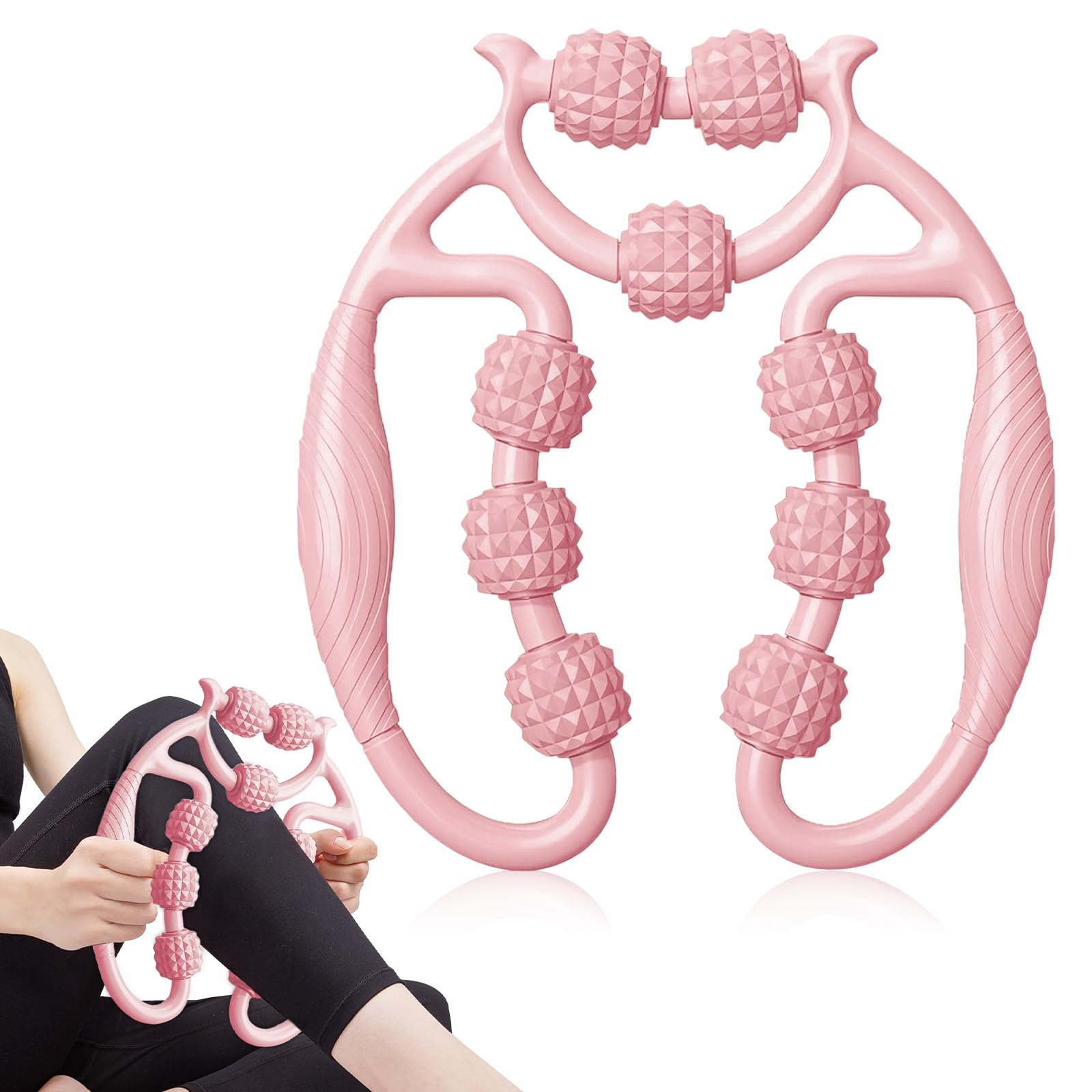 Infreecs Rodillo de masaje para piernas, rodillo de masaje, rodillo de masaje con mango para piernas, rodillo masajeador para terapia muscular para cuello, hombros, muslos, piernas y brazos (rosa)