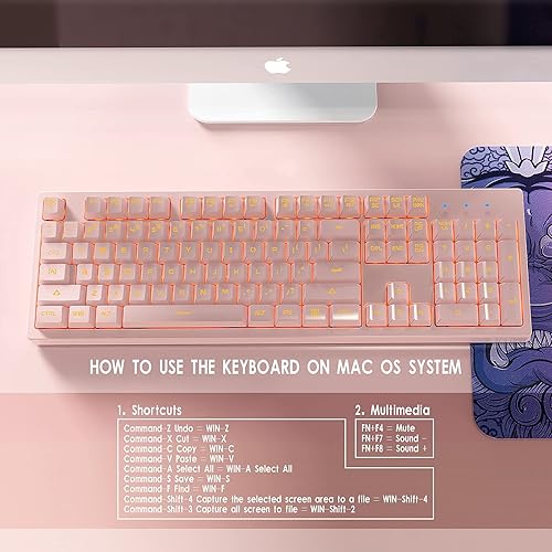 Miniatura 7 de Basaltech Teclado rosa con retroiluminación LED de 7 colores, 104 teclas silenciosas y silenciosas, teclado para juegos barato de 19 teclas