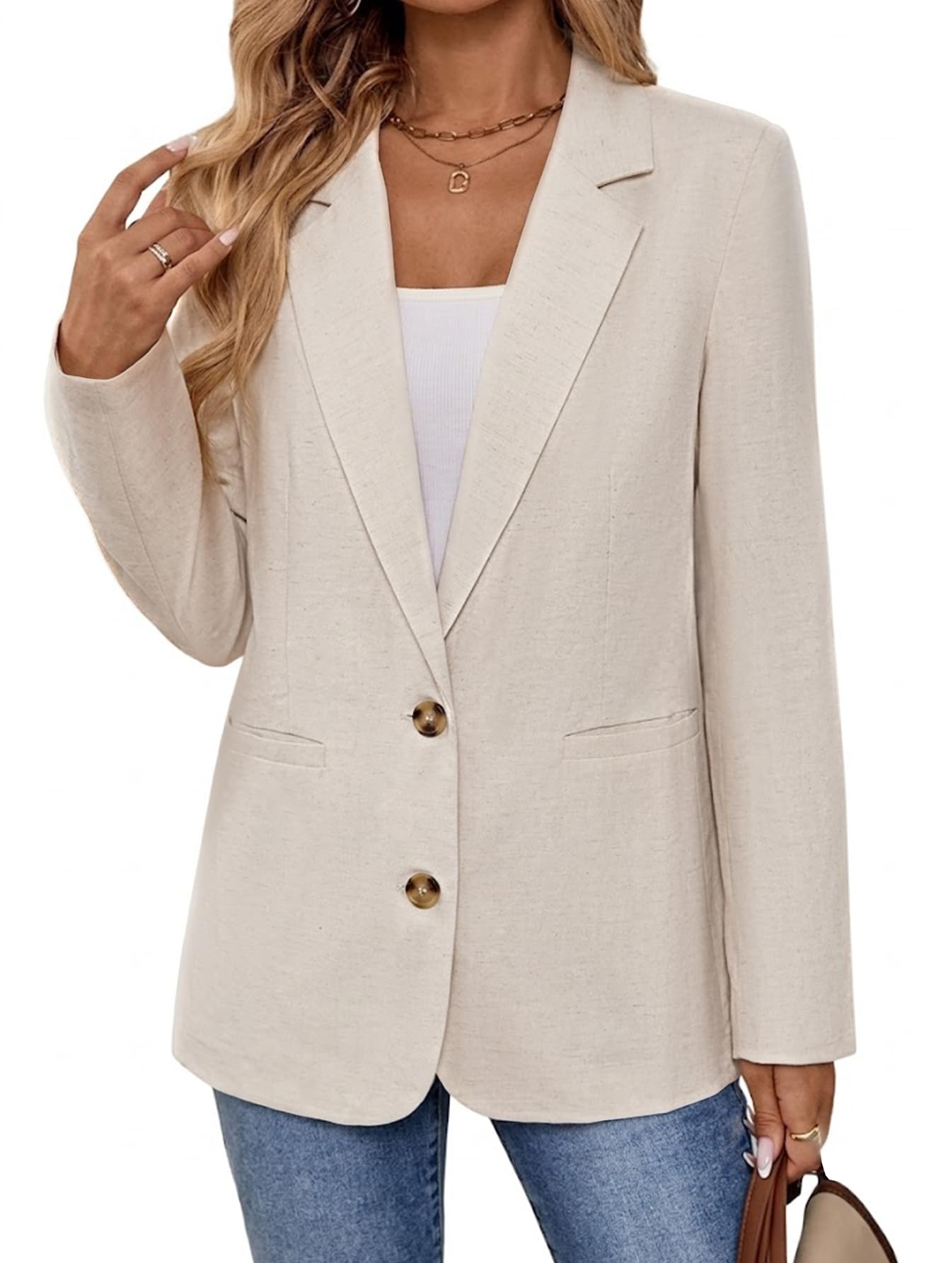 2025 Linen Blazers for Women Business Casual Long Sleeve Lapel Open Front Suit Jacket Work Blazer with Pockets-image-1