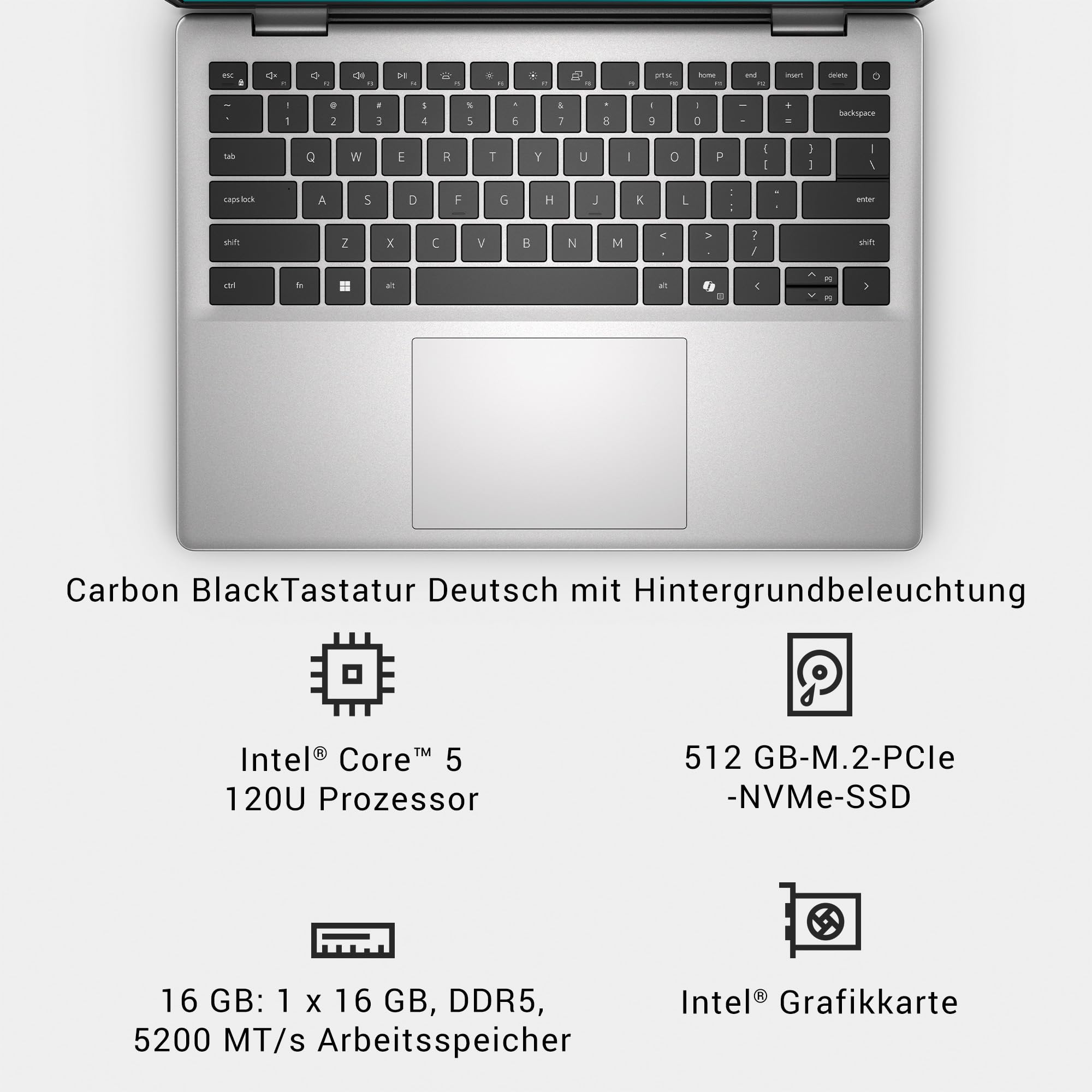 Dell 14 Laptop DC14250 14,0" 2K Display Intel Core 5 120U 16GB RAM 512GB SSD Windows 11 Home Fingerabdrucksensor QWERTZ-Backlit-Keyboard Silber