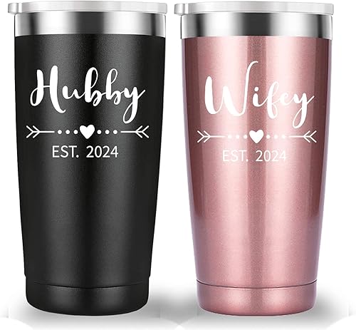 Hubby & Wifey Est 2024 - Taza de viaje para el día de San Valentín, regalos de compromiso de aniversario de boda, regalo para pareja, ella, él,