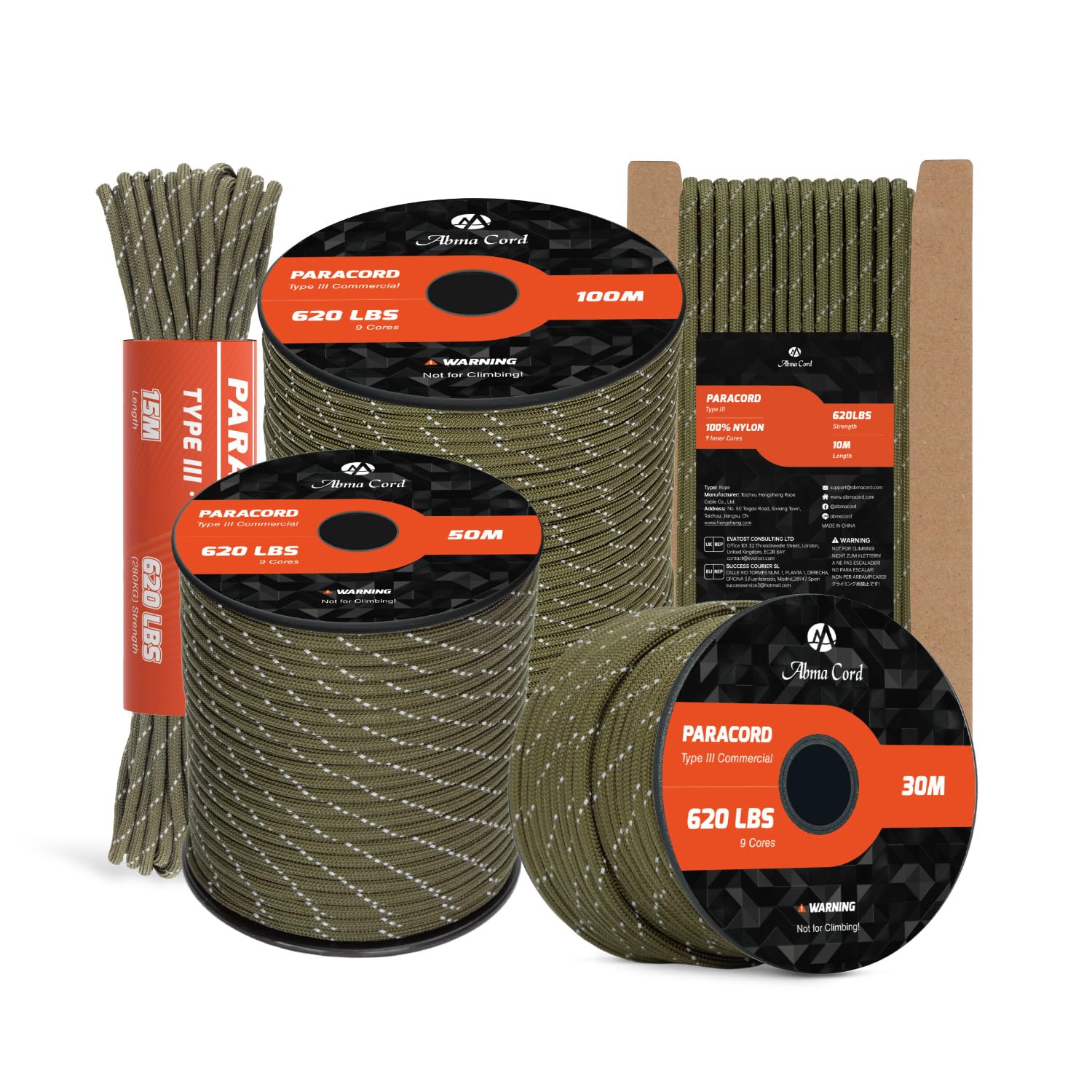 Abma Cord Paracord 4mm 50m 100% Nylon Rope 9 Strands Type III Parachute Cord for DIY, Camping, Survival, Outdoor - Max. 280kg - Reflective Army Green