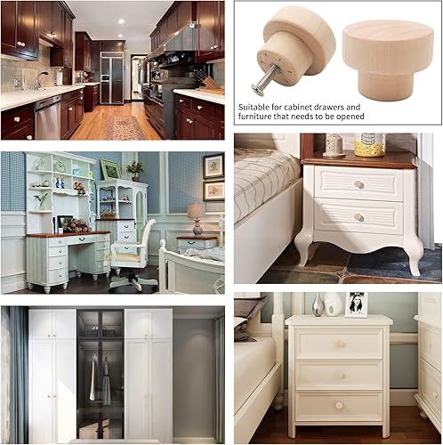 Miniatura 5 de 10 pomos de madera redondos con parte superior plana para gabinetes de 1.39 pulgadas (1.378 in) de madera sin acabar, pomos de cajones de armario de