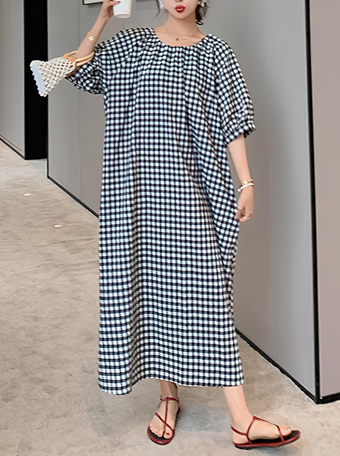 chouyatou Women's Casual Gingham Loose-Fit Swing Dress Cotton Lantern Puff Sleeve Plaid Midi Long Dress - Image 6
