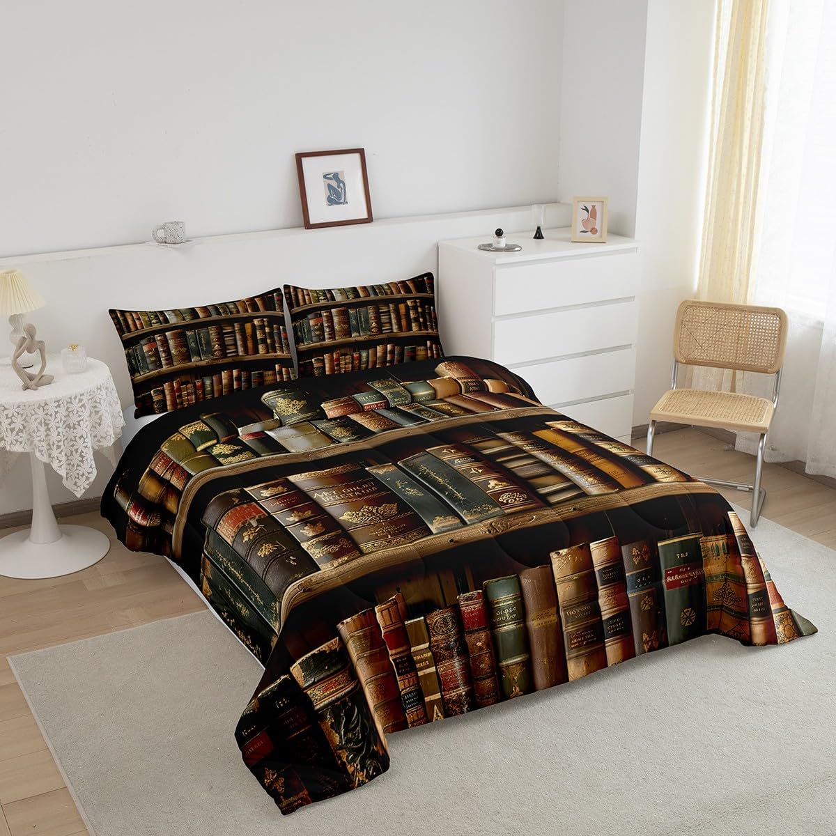 Feelyou Kids Library Comforter Set Twin Size, Old Books Kids Boys Girls Bedding Set Retro Wooden Bookshelf Comforter Vintage Museum Duvet Set Teens Room Decor Microfiber Bed Set