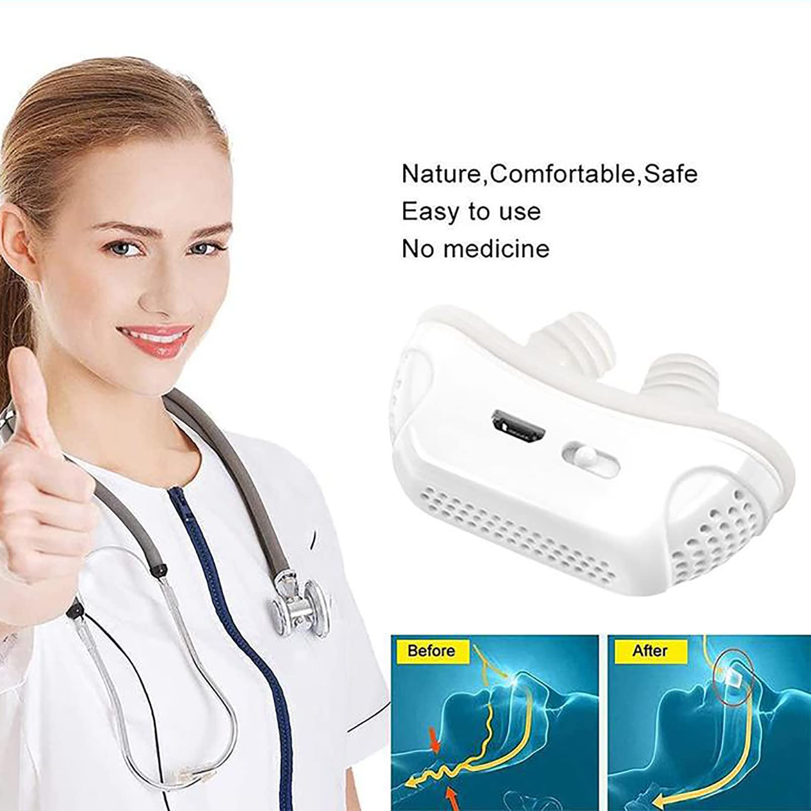 Dispositivos antirronquidos, Mini tapón para Respirar en la Nariz, Alivia los ronquidos, Tapones eléctricos de ventilación para la Nariz, Carga USB, Funda de Silicona extraíble, para facilitar el su