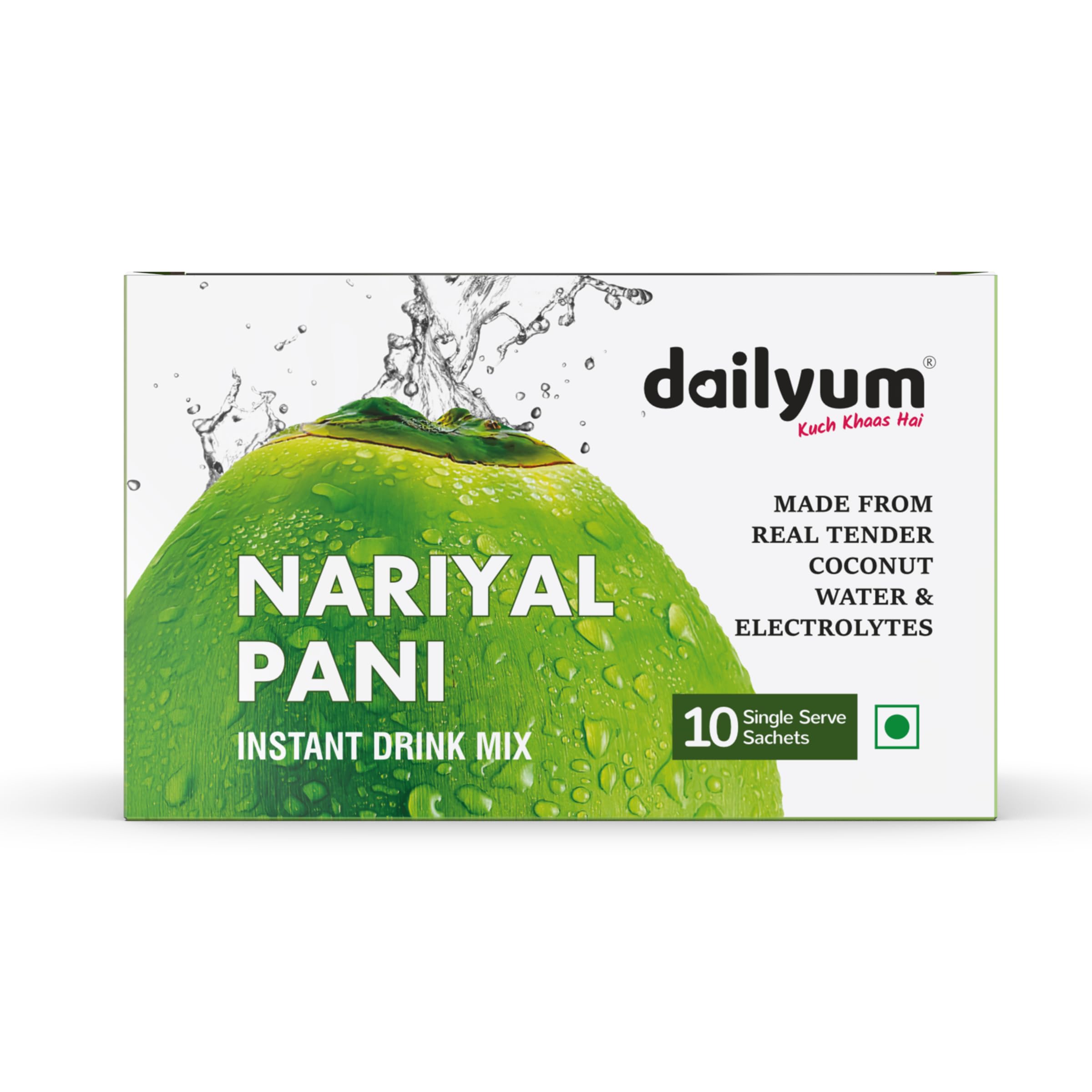 Dailyum Instant Refreshing Nariyal Pani Drink Mix Box|10 Single Serve Sachets |Tender Coconut Water Premix With Electrolytes| Summer Drink For Instant Energy| 150gm 2