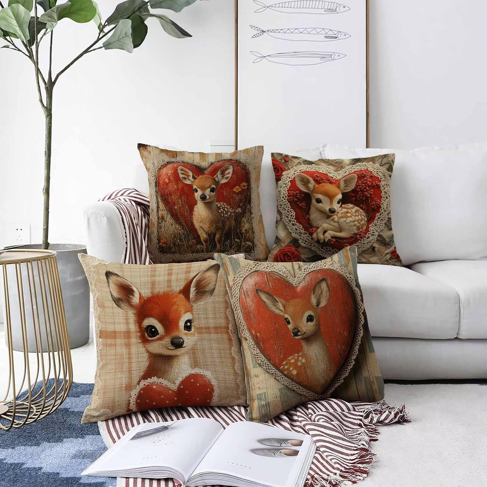 Cojines Sofa Ciervo Fundas Cojines 65x65cm Juego De 4, Rojo Funda Cojin Exterior Impermeable Lino Cuadradas Cushion Covers Accesorios de Oficina para Exterior Jardin Balcón Room Decor PjY5303 D-U