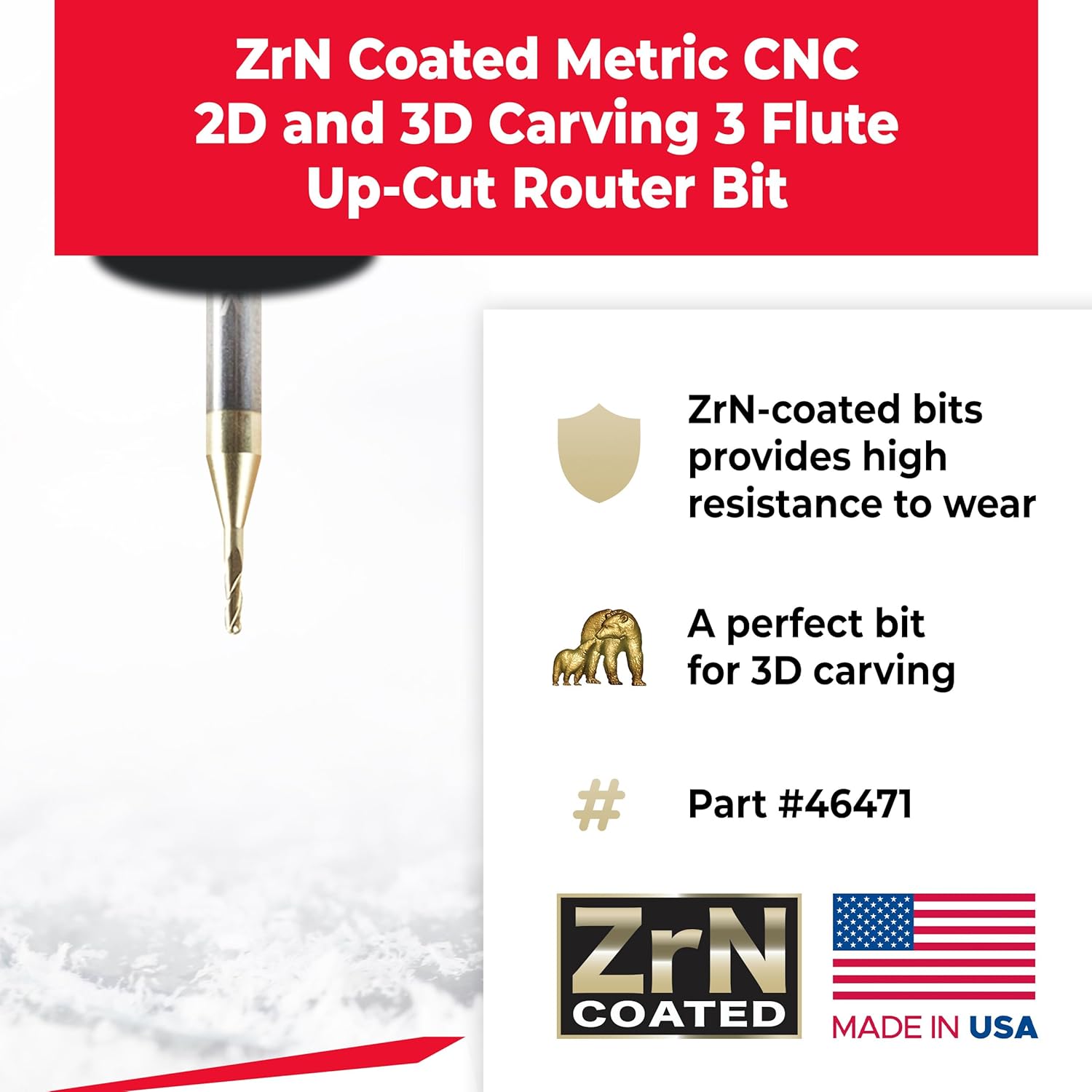 Amana Tool CNC 2D 3D Carving Angle Ball Tip Router Bit, ZrN Coated, 46471, 0.10 Deg, 1mm Dia x 0.50mm Rad x 3mm CH x 1/8 Shk x 1-1/2 Inch L x 3 Fl