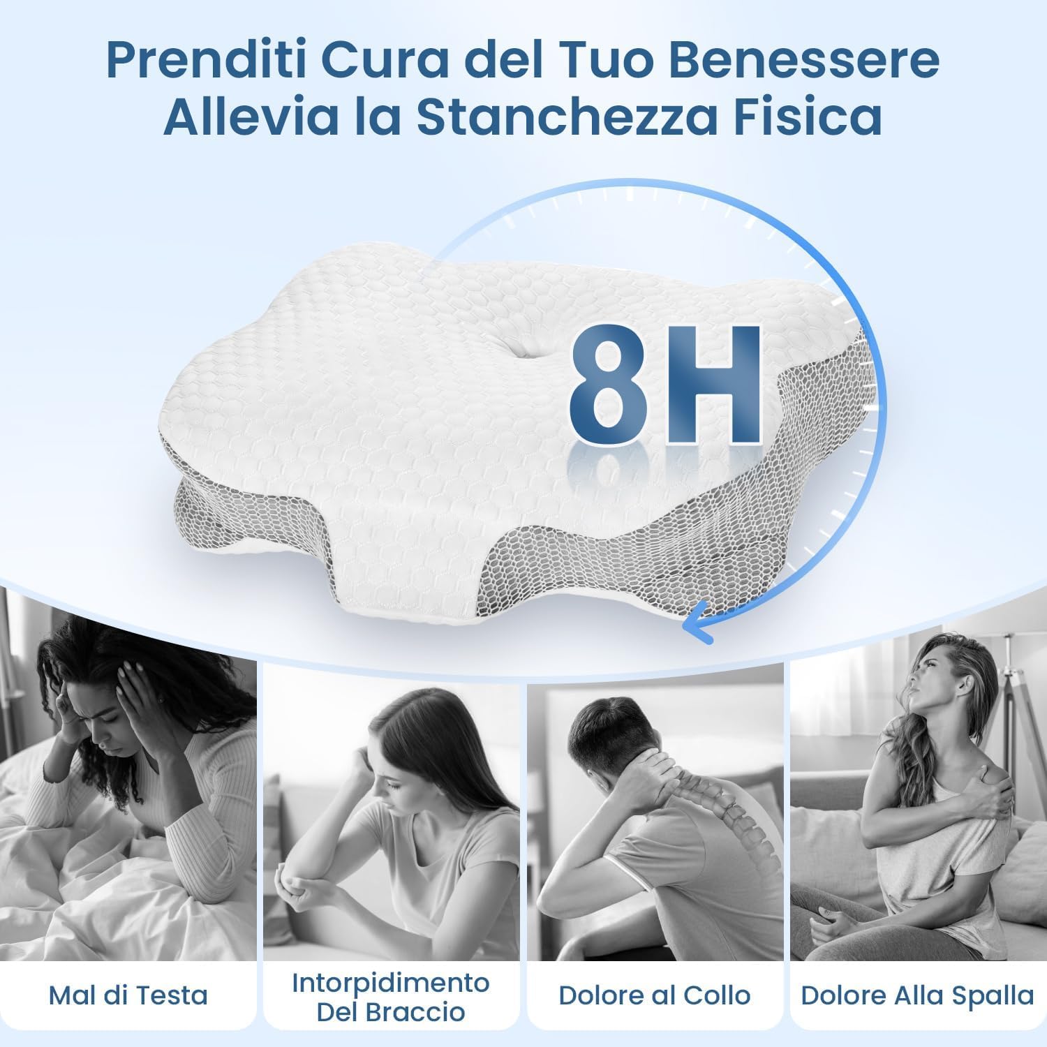 Cuscino Cervicale per Dormire - Cuscino Ortopedico in Memory Foam, Ergonomico, Supporto Collo Fianco/Schiena, Federa Sfoderabile e Lavabile, 58×40×13/10 cm (Bianco)