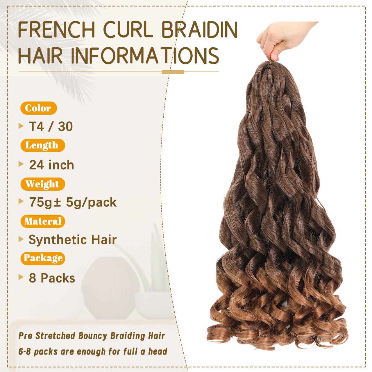 French Curl Braiding Hair Pre Stretched Bouncy Braiding Hair Curly Extension for Braids Synthetic French Curl Braids for Black Women 8 Packs 24 Inch T4/30