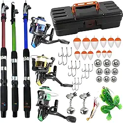 Kit de Pesca Completo, 3 Varas com Molinetes, Estojo, Bóias, Anzóis, Iscas e Chumbadas