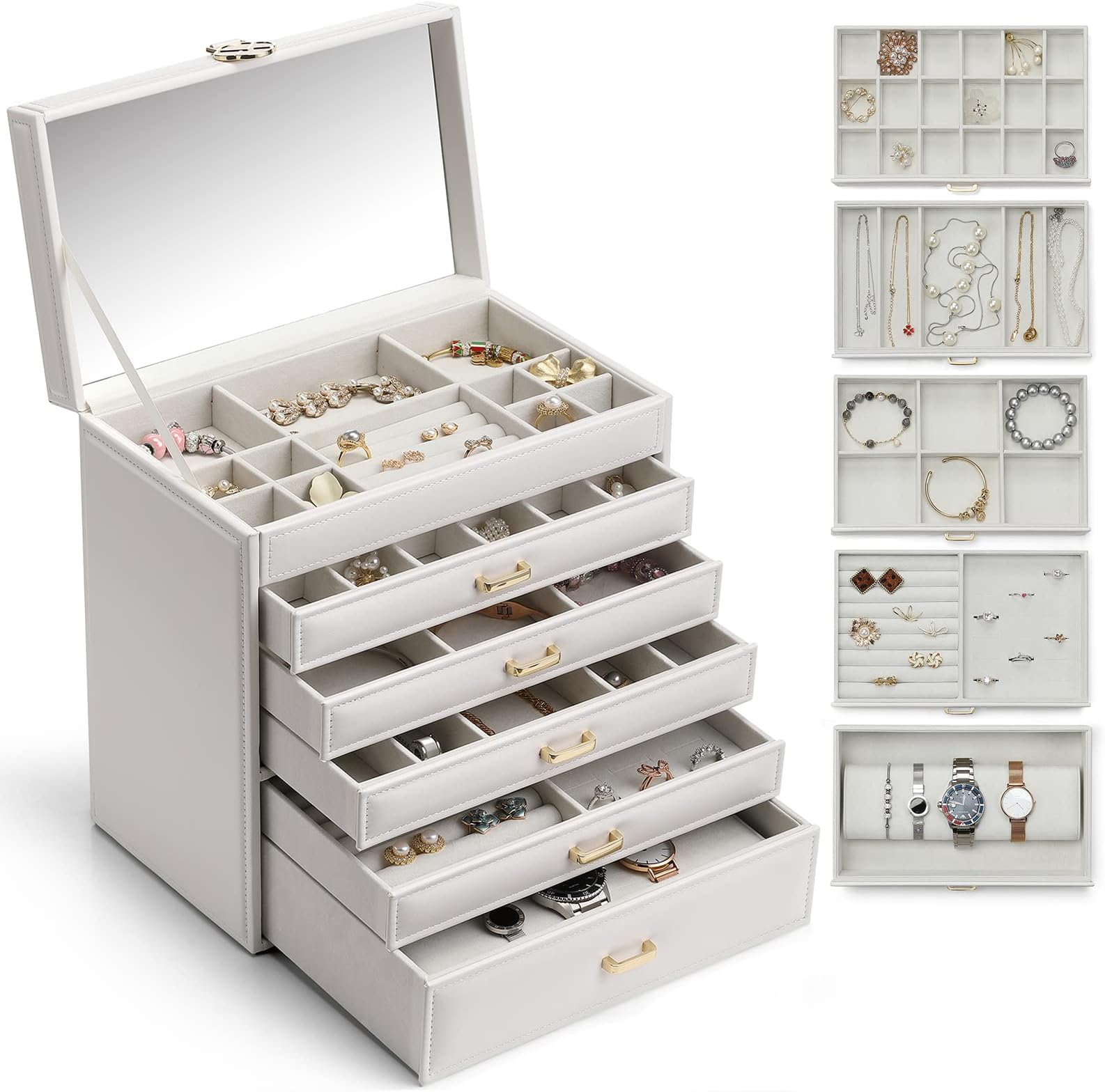 Vlando 6 Tier Large Jewelry Organizer - Jewelry Box for Women with Mirror, Jewelry Holder Organizer for Drawer Necklace Ring Bracelet and Watch, Christmas Gift for Loved Ones - White