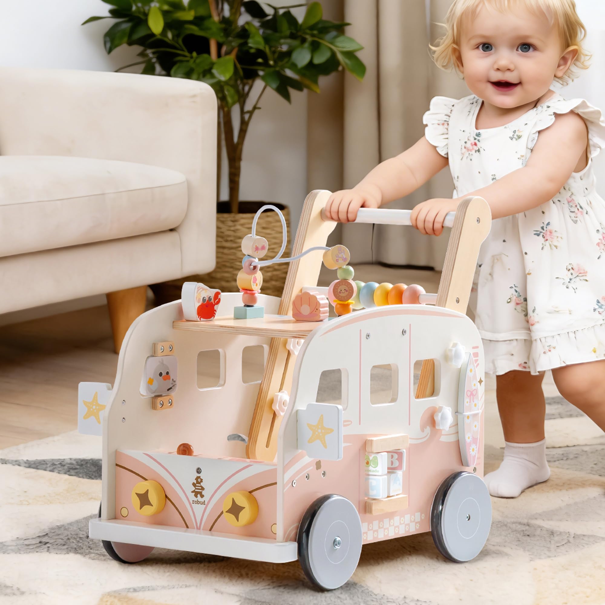ROBUD Baby Lauflernhilfe Holz, Interaktiver Lauflernwagen, Einstellbare Geschwindigkeit & Höhe Baby Walker, Motorikspielzeug Geschenk für Kleinkinder ab 10 Monaten-1-2 Jahren (Rosa)