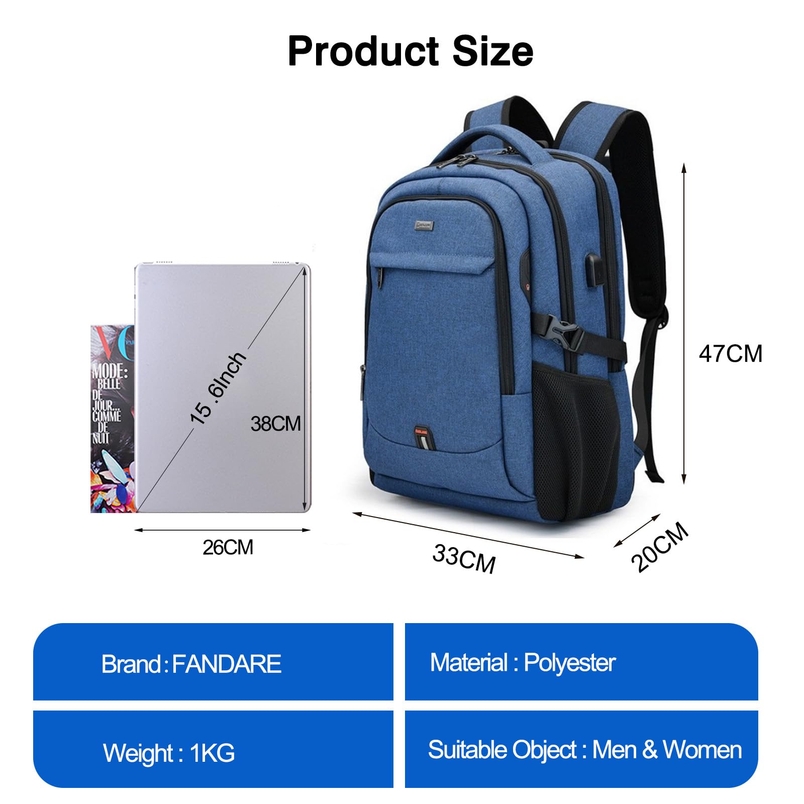 FANDARE Mochila Cabina Avion Mochila Portatil 15.6 Pulgadas Mochila Hombre Mujer Mochila con Puerto de Carga USB Bolsos Bandolera Backpack para Negocio Trabajo Diario Viaje Mochila Azul