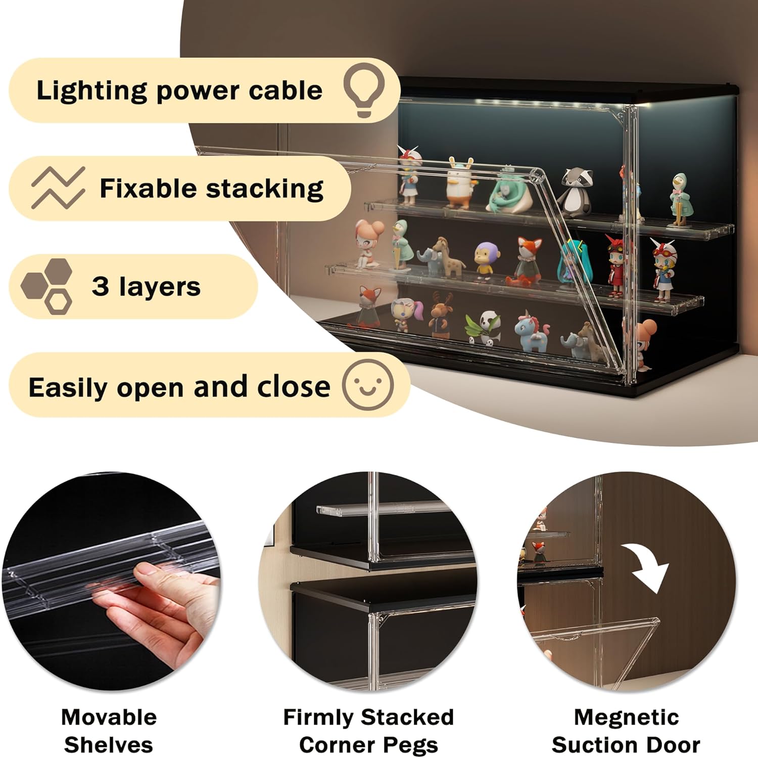 Clear Display Case for Collectibles, 3-Tier Stackable LED Figure Display Case with Magnetic Door, Adjustable Showcase for Models, Miniatures, Jewly (Black,2PCS)