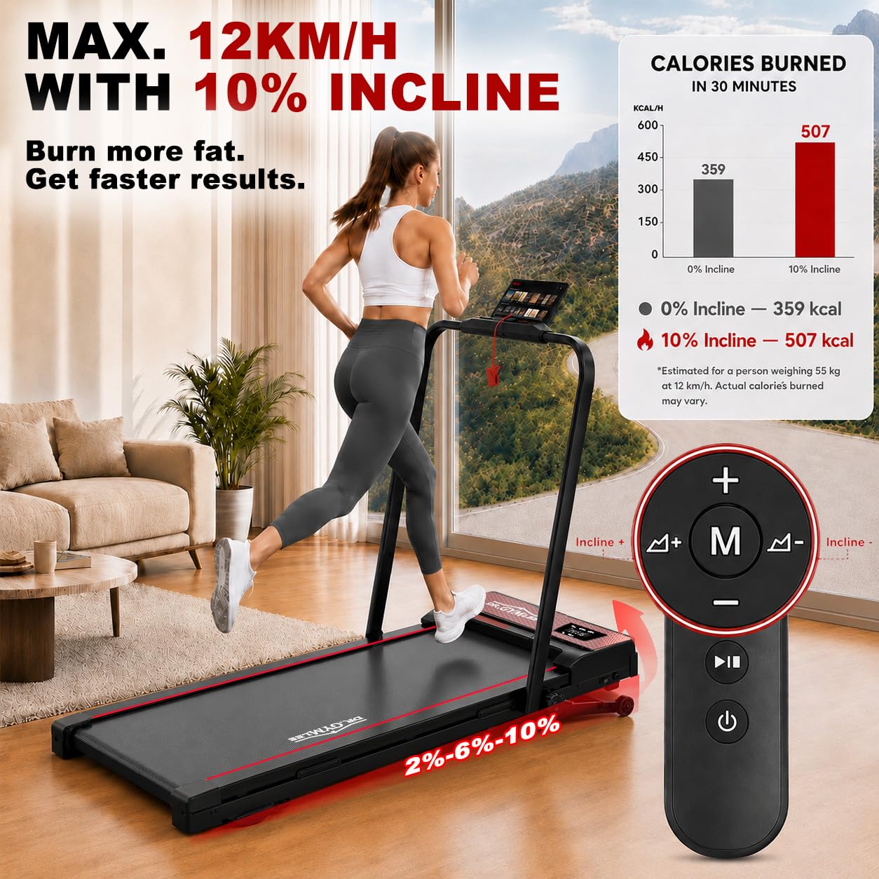 Tapis Roulant 4 in 1, Pieghevole per Casa e Ufficio, da Scrivania 1–12 km/h, Silenzioso e Compatto per Camminata e Jogging, per Principianti con Telecomando e Display LED