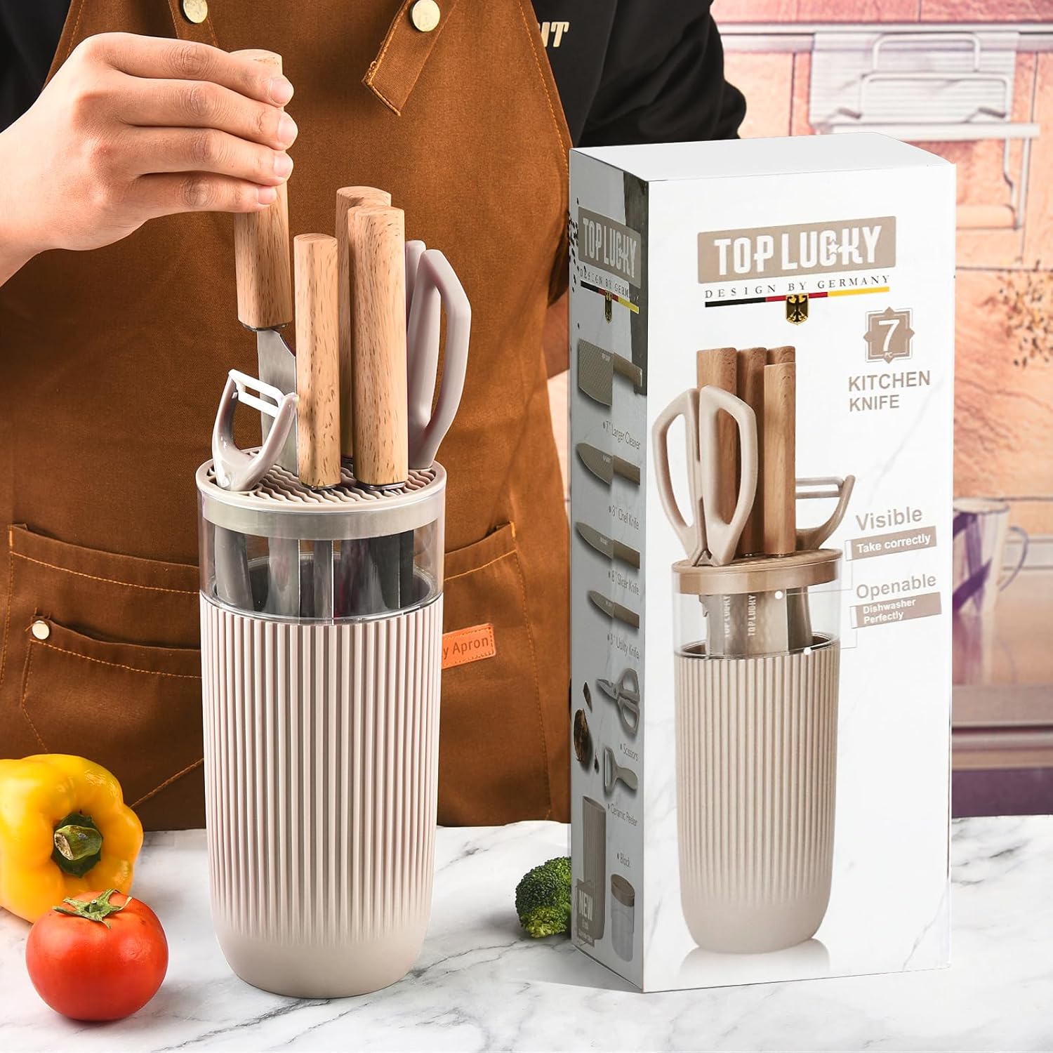 Knife Set, 7-Piece Kitchen Knife Set with Sharp Chef and Meat Knives, Anti-Rust Utility Knives Set for Kitchen, Kitchen Knife Block Set – Khaki - Image 9