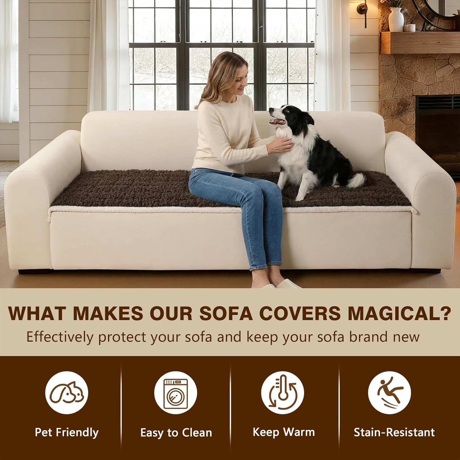 OHSIO Couch Cover for Pets, Washable Non-Slip Sofa Cover Pet Friendly, Soft Fuzzy Teddy Fleece Sofa Slipcover for 3 Cushion Sofa Furniture Protector (Brown, 27.6" x 70.8")