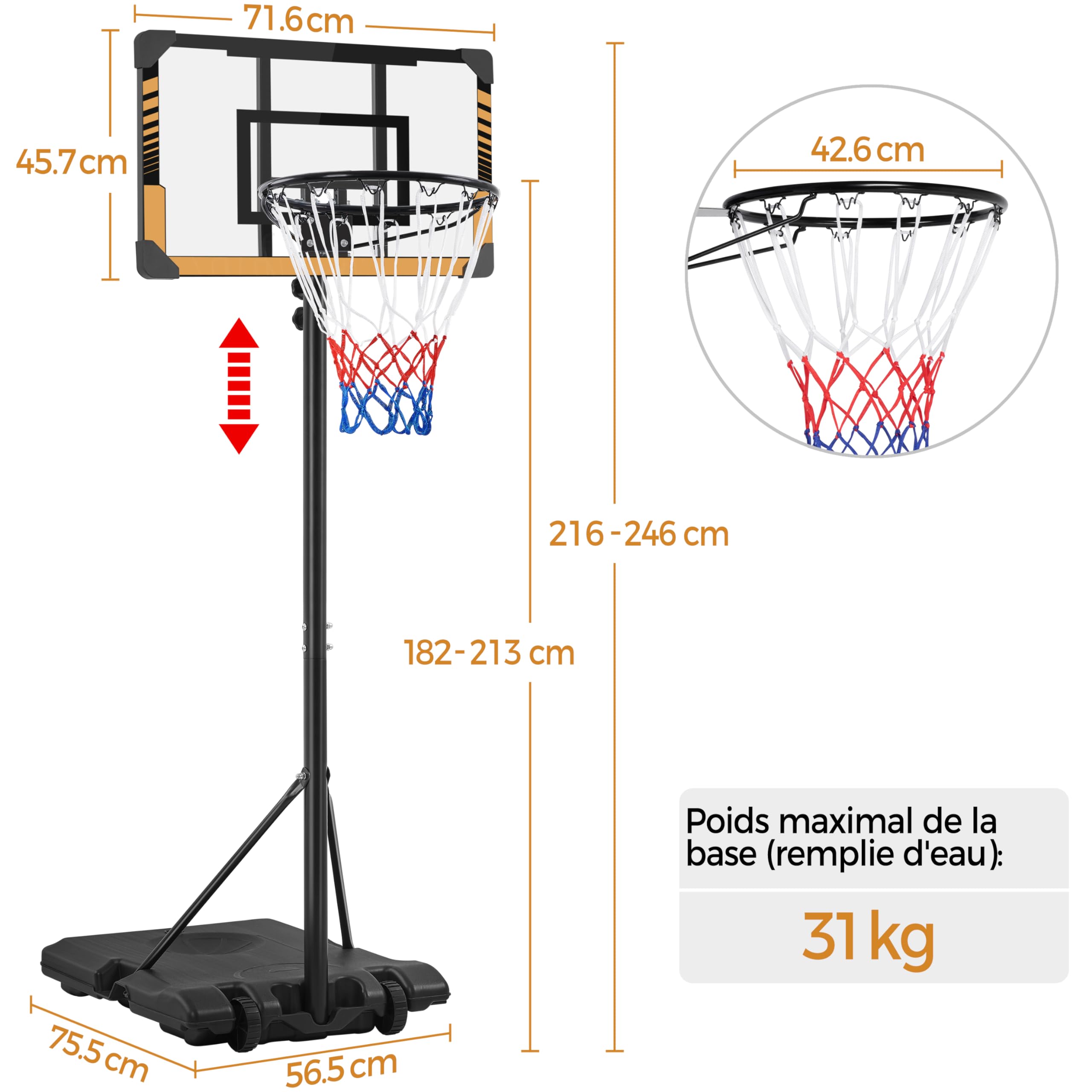 Yaheetech Panier de Basket Portable Réglable en Hauteur Panier de Basket Extérieur/Intérieur pour Moins de 10 Ans