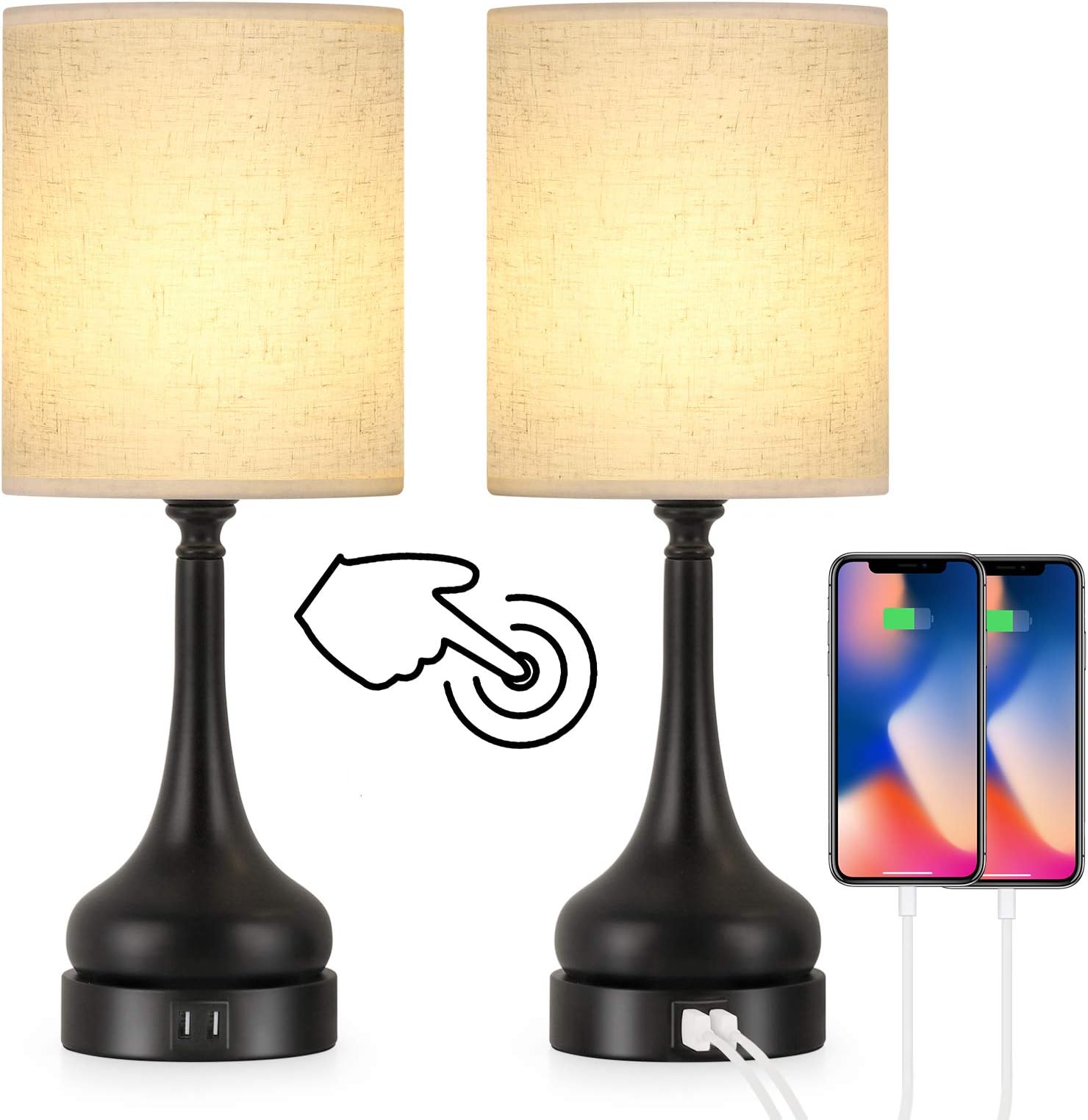 BTY Touch Control Table Lamps Set of 2, USB Table Lamps Pair, Small Bedside Desk Lamps with 2 USB Charging Ports, Linen Shade & Black Metal Base Modern Nightstand Lamps for Bedroom Living Room