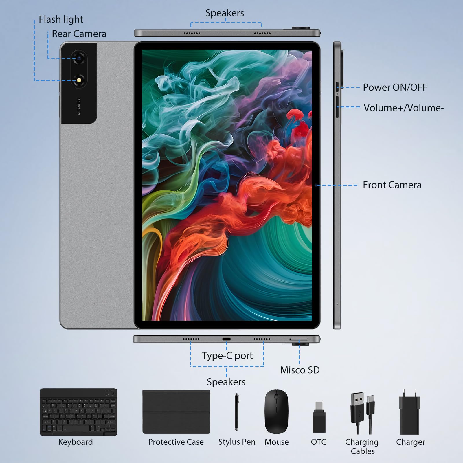 Tablet 13 Pulgadas Android 15 Octa-Core 2.2GHz/36GB RAM+512GB ROM(TF 2TB) FHD 2944 * 1840, Gemini AI, 11580mAh/4G LTE+5G WiFi/Widevine L1/BT5.0/GPS/13MP Tablets con Teclado y Lápiz, Gris