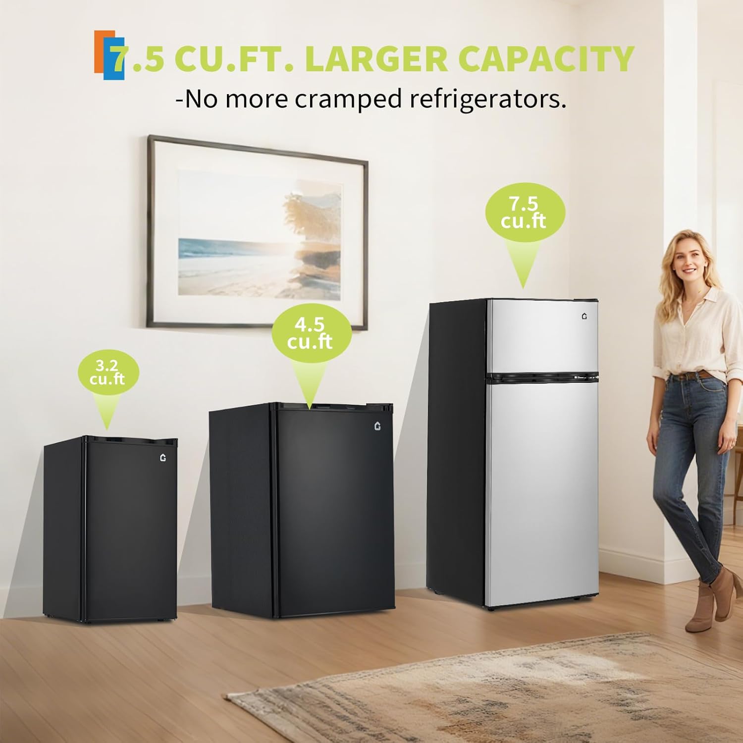7.5 Cu. Ft. Compact Refrigerator | Two Door Mini Fridge with Energy-Efficient & Quiet Operation | for Dorm, Office, Bedroom, Kitchen, Bar Use​ with Adjustable Shelves