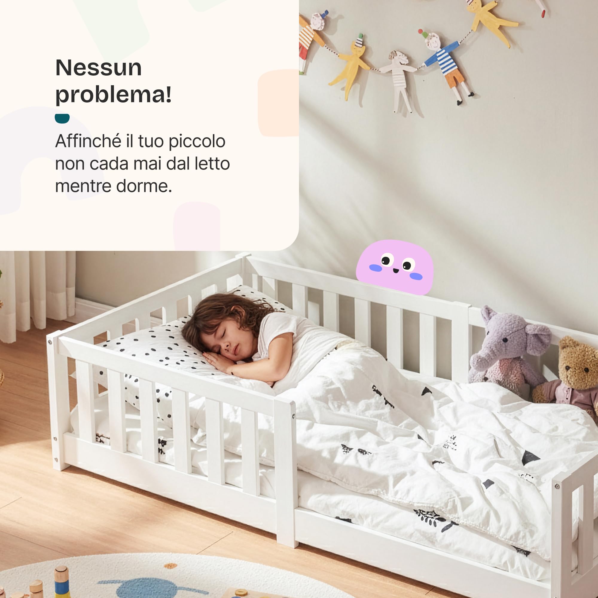 [en.casa] Letto per Cameretta con Barriera Protezione Anticaduta Struttura Letto Singolo Montessori in Legno di Pino con Zona di Riposo 80 x 160 cm - Bianco