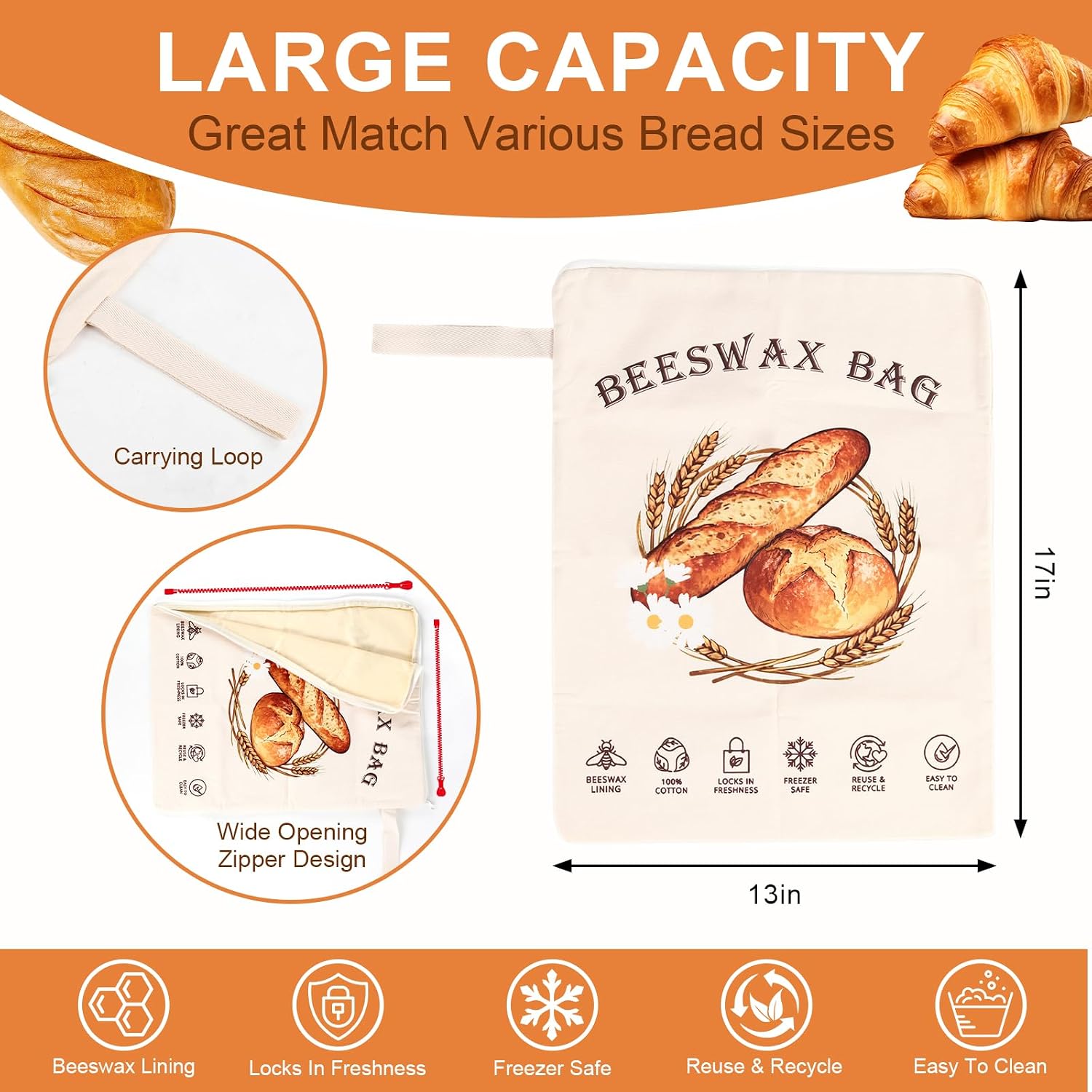 2 Pack Reusable Beeswax Bread Bags for Sourdough, Cotton Bread Bag with Wide Zipper Opening & Handle, XL Bread Bags for Homemade Bread, Keeps Bread Fresh Longer image 2