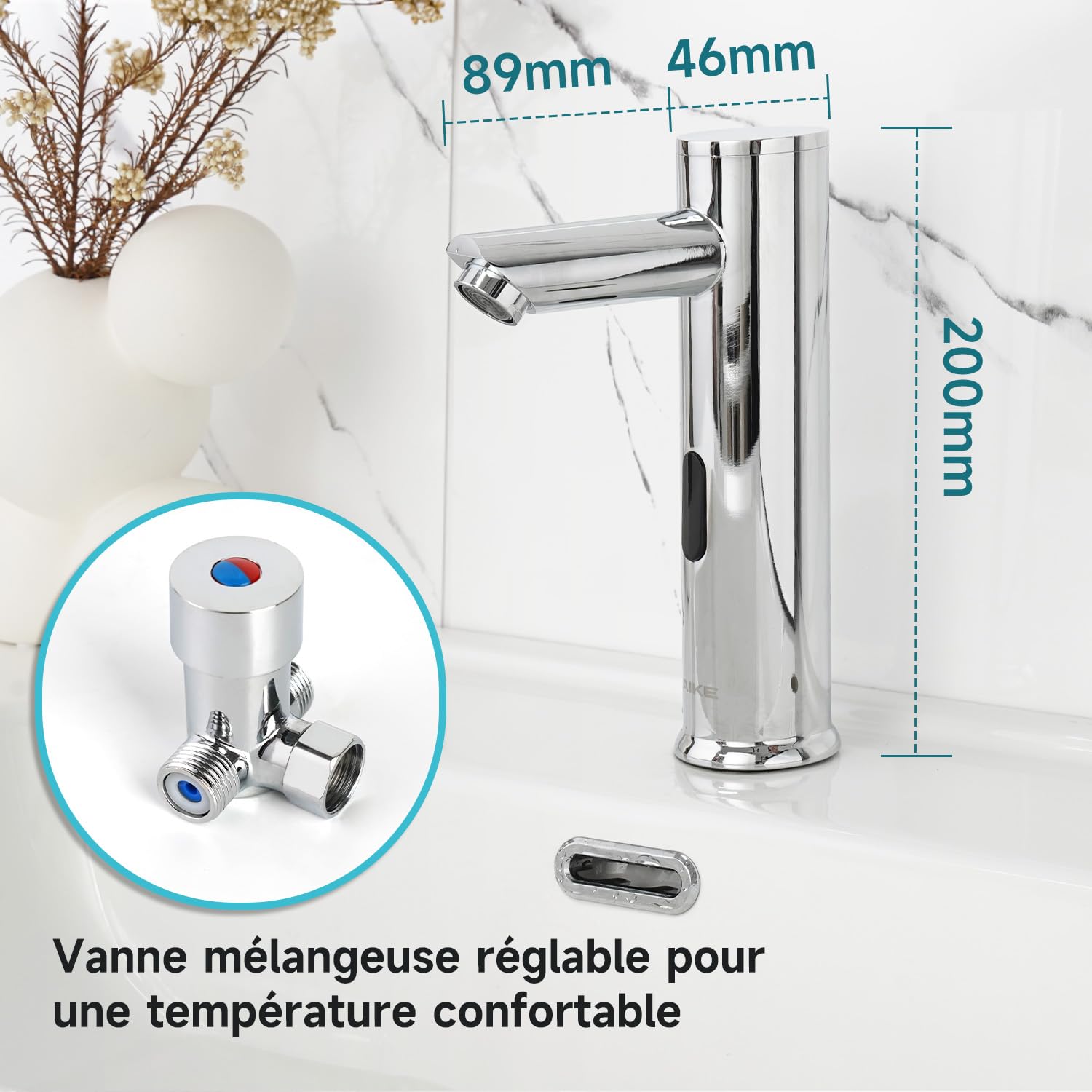 AIKE Robinet Commercial À Capteur Pour Salle De Bain, Sans Contact, Fonctionnant Sur Batterie, AK7501 Chrome