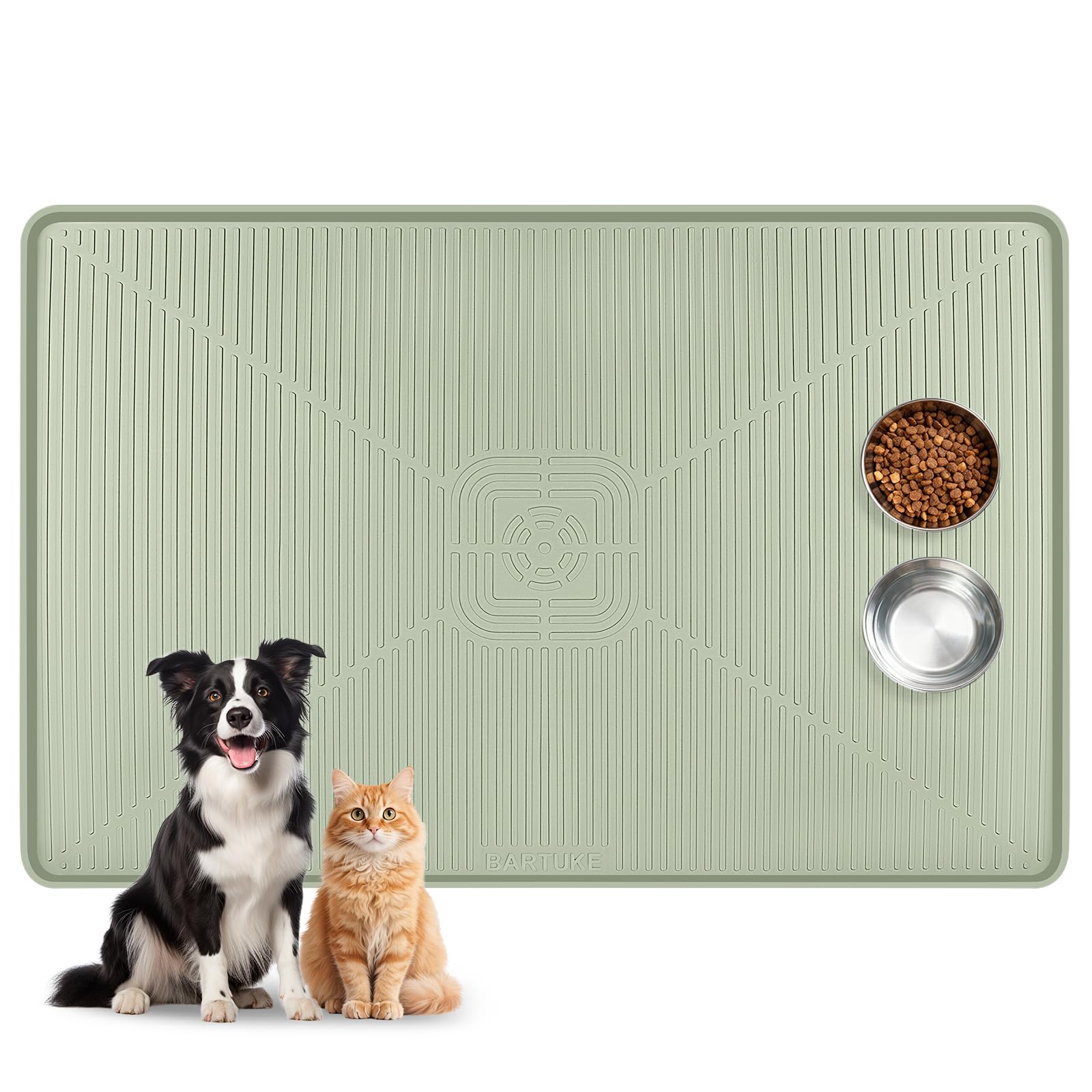 Kalolary Waterproof Silicone Dog Feeding Mat with Raised Edges, Non-Slip Pet Food and Water Bowl Placemat, Dishwasher Safe, Textured Surface with Ridges (Light Green,45''×30'')