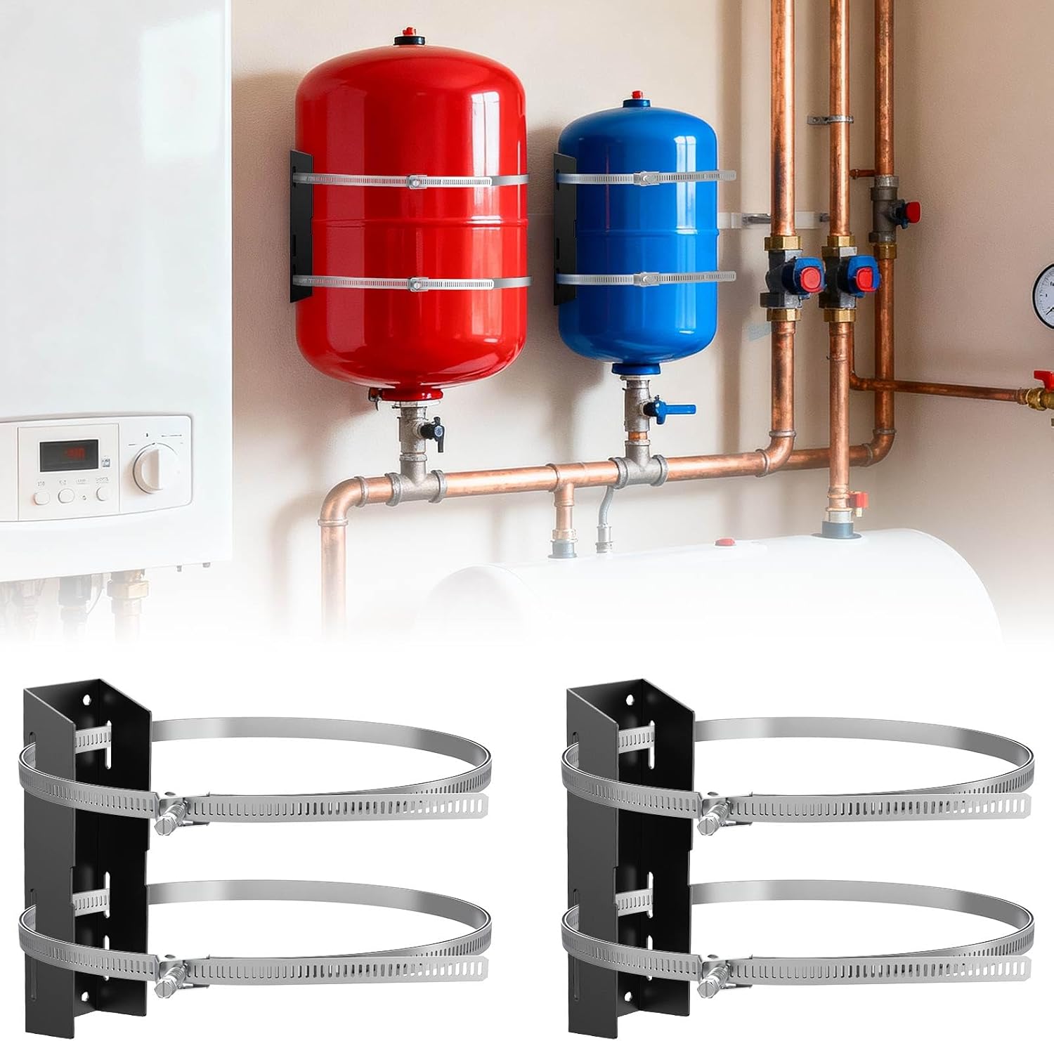 Expansion Tank Mounting Bracket with 4 Earthquake Straps - for 1 to 5 Gallon Thermal Expansion Tanks,Hot Water Heater Accessory to 13" Diameter Tanks & 5lb Propane Tanks (2 Set)