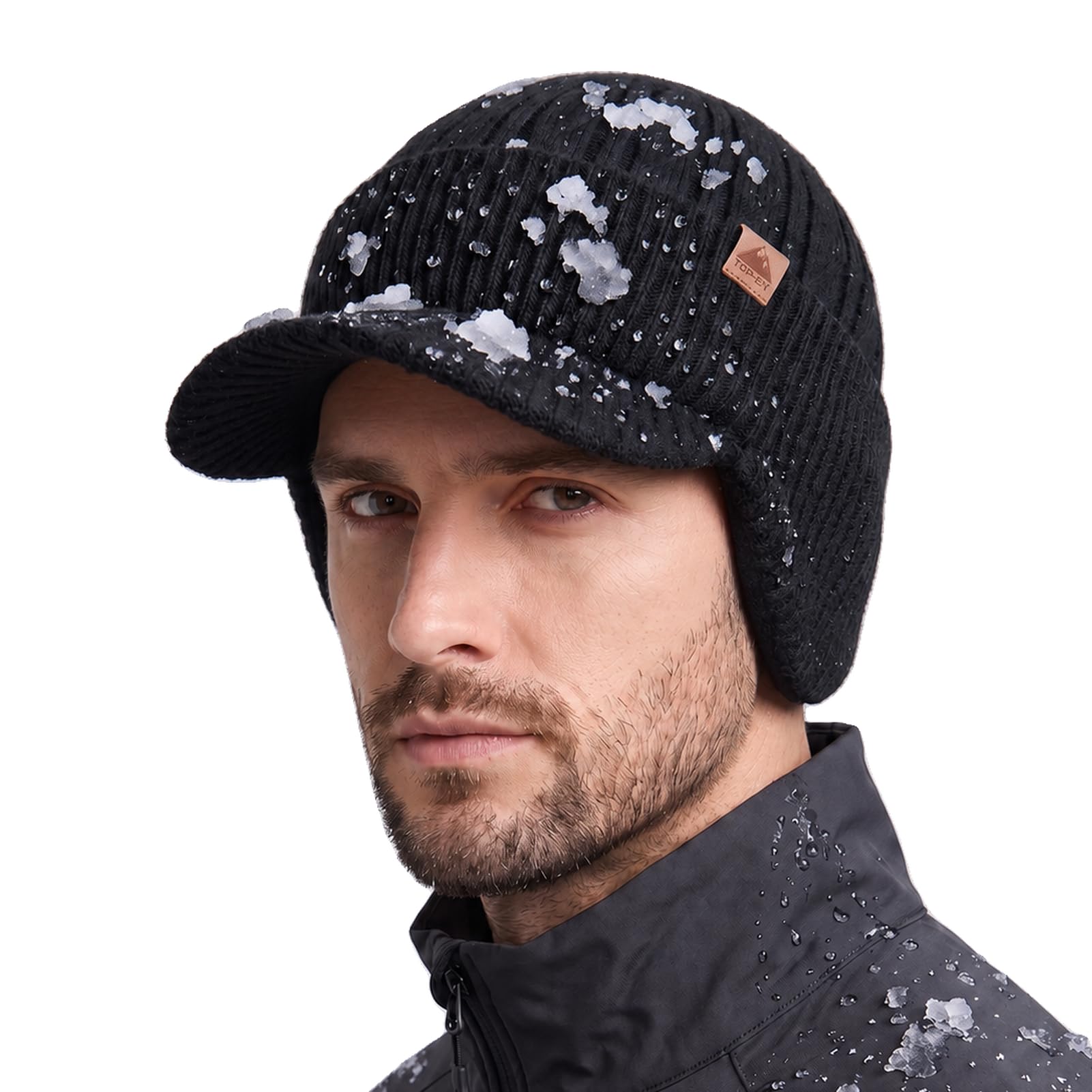 Waterproof Earflap Visor Beanie,Wool Blend,Polartec Fleece