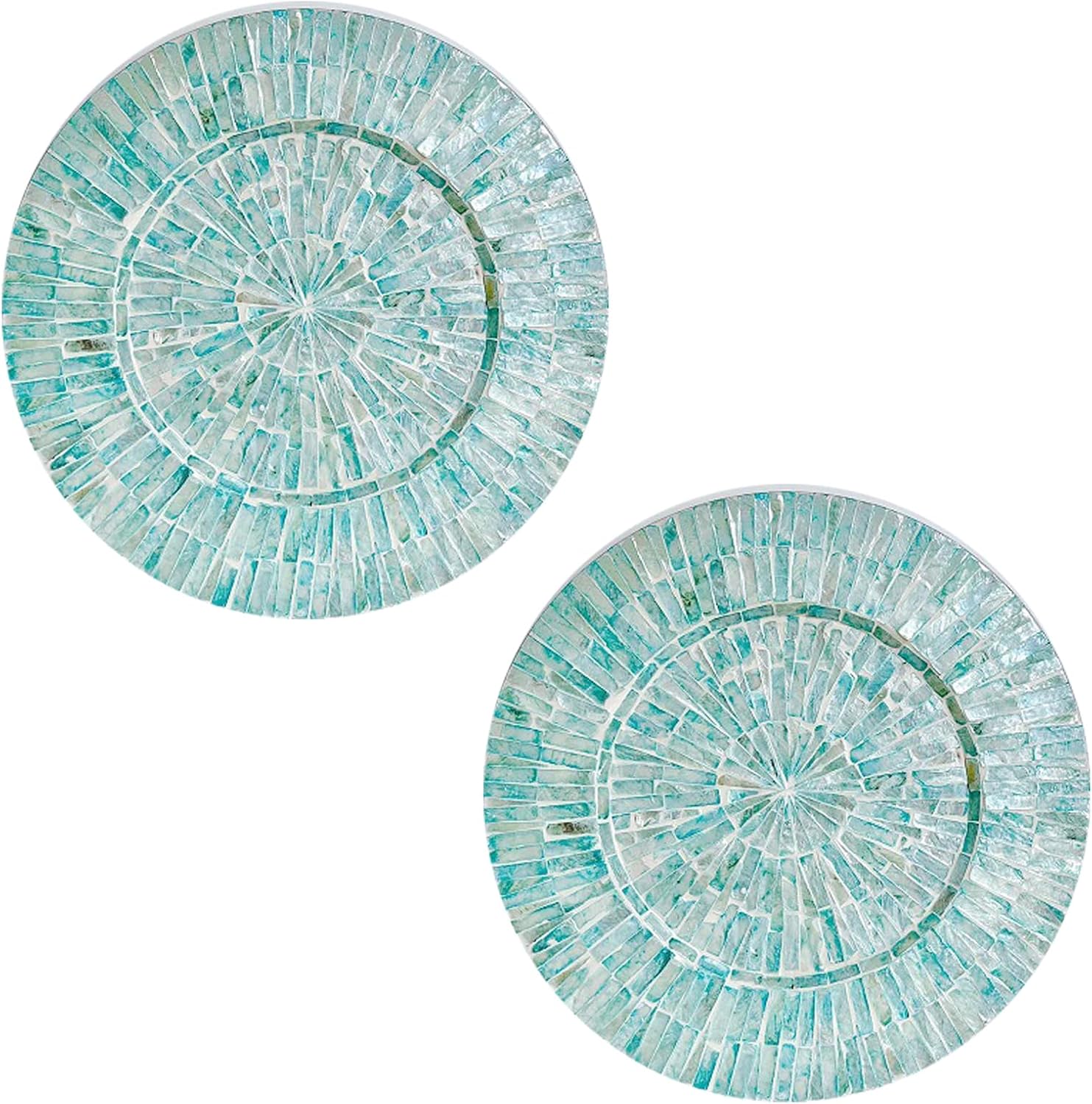 i-lan 13inch 2 Pack Mother of Pearl Decorative Plates for Display, Sea Shell Inlay Wood Charger Plates for Dining, Party, Modern and Coastal Decoration Placemats for Dinner Plates,Blue Ray