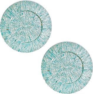 i-lan 2Pack 13" Mother Of Pearl Decorative Plates for Display, Sea Shell Inlay Wood Charger Plates for Dining, Party, Modern and Rustic Decoration Placemats for Dinner Plates,Green Ray