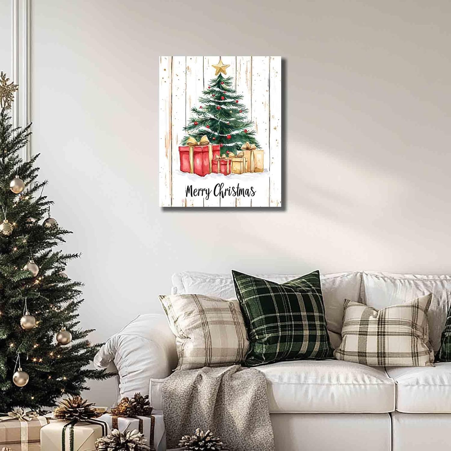 Christmas Canvas Art Christmas Tree&Gifts Rustic Retro llustration Merry Christmas Canvas Poster Painting Picture Home Wall Decor,8x10in Framed